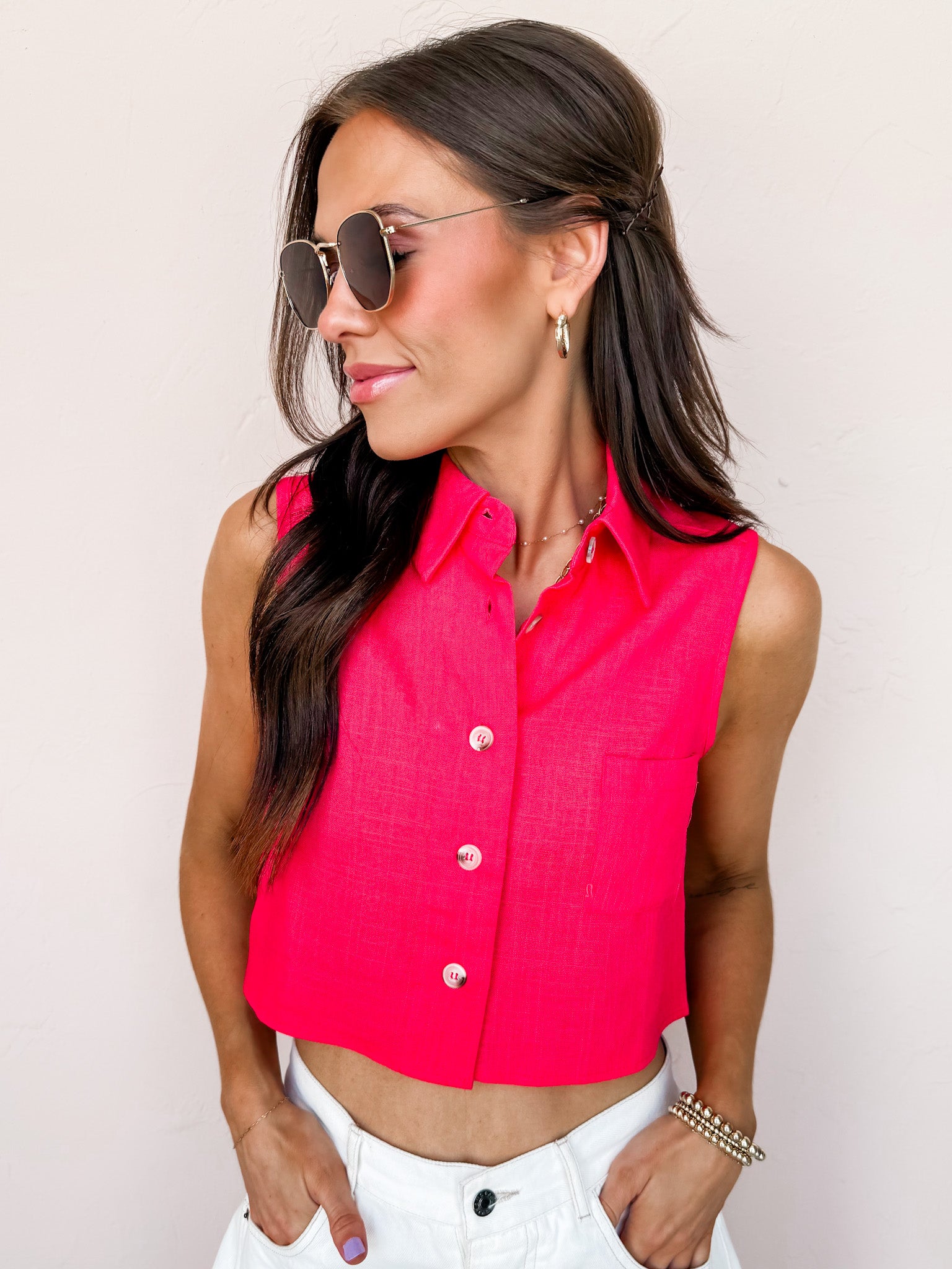 Firelight Cropped Button Front Sleeveless Top