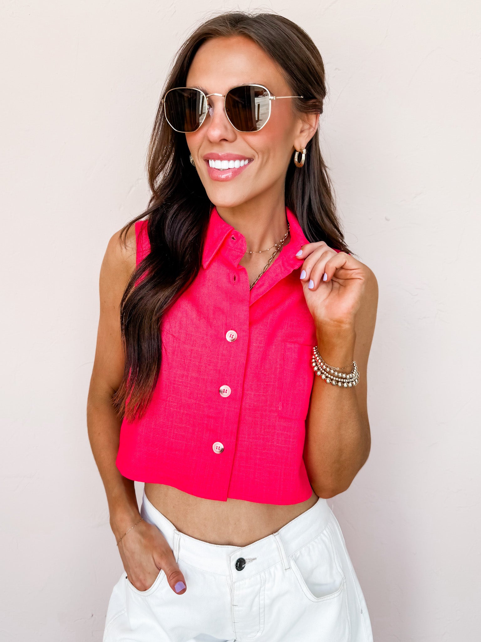 Firelight Cropped Button Front Sleeveless Top