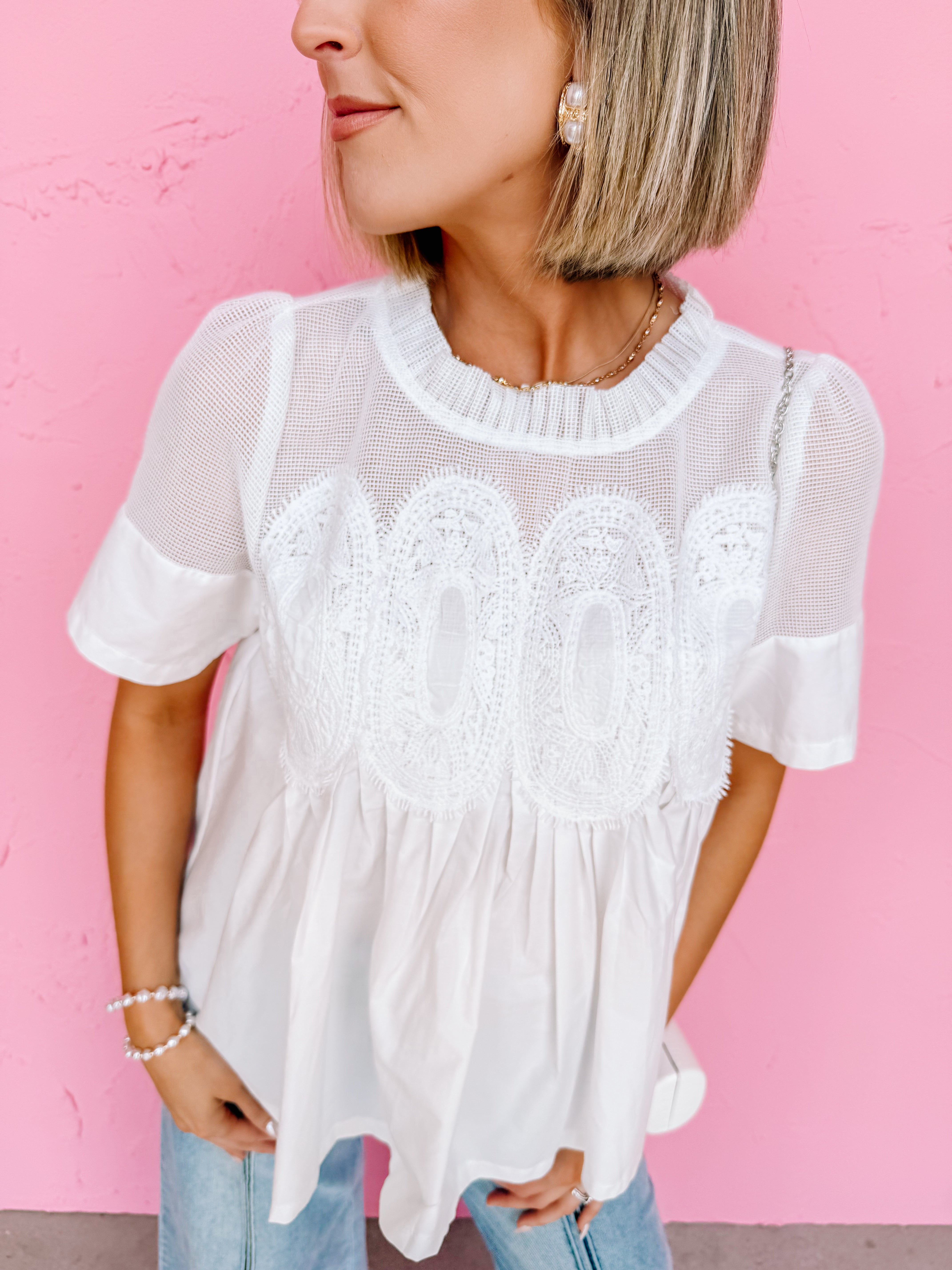 Frances Mesh Applique Top-White