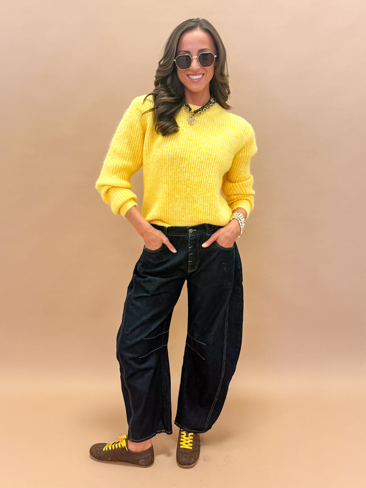 Frannie Textured Crew Neck Sweater-Yellow