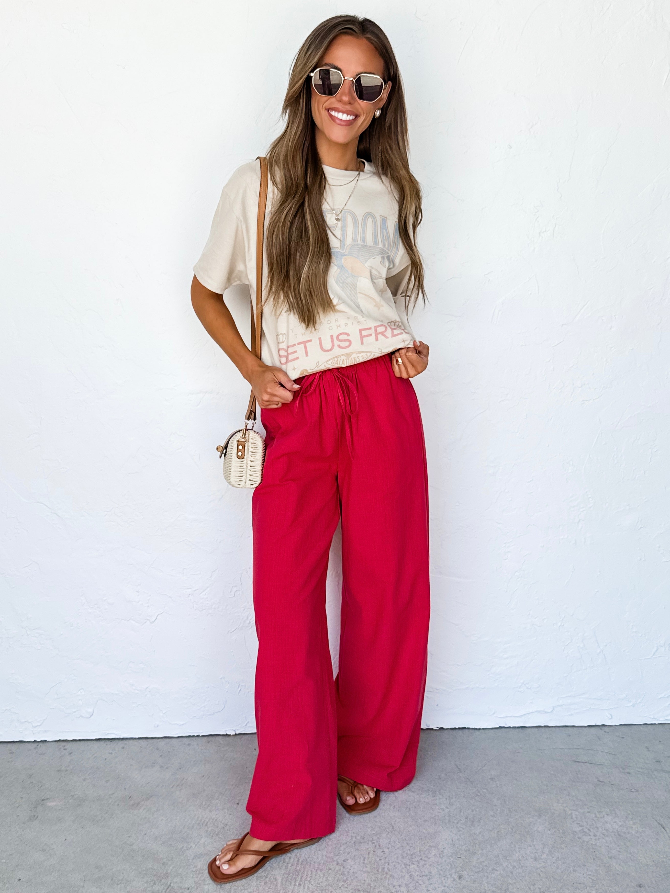 Madden Linen Wide Leg Drawstring Pants-Red