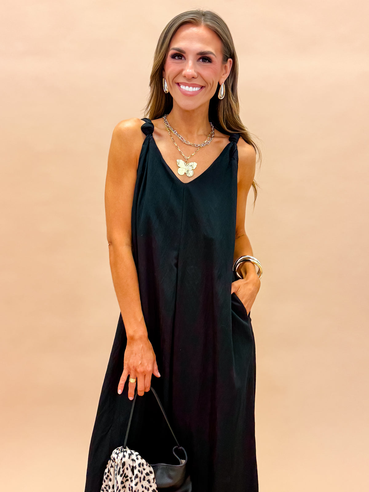 Gabby Shoulder Twisted Dress-Black