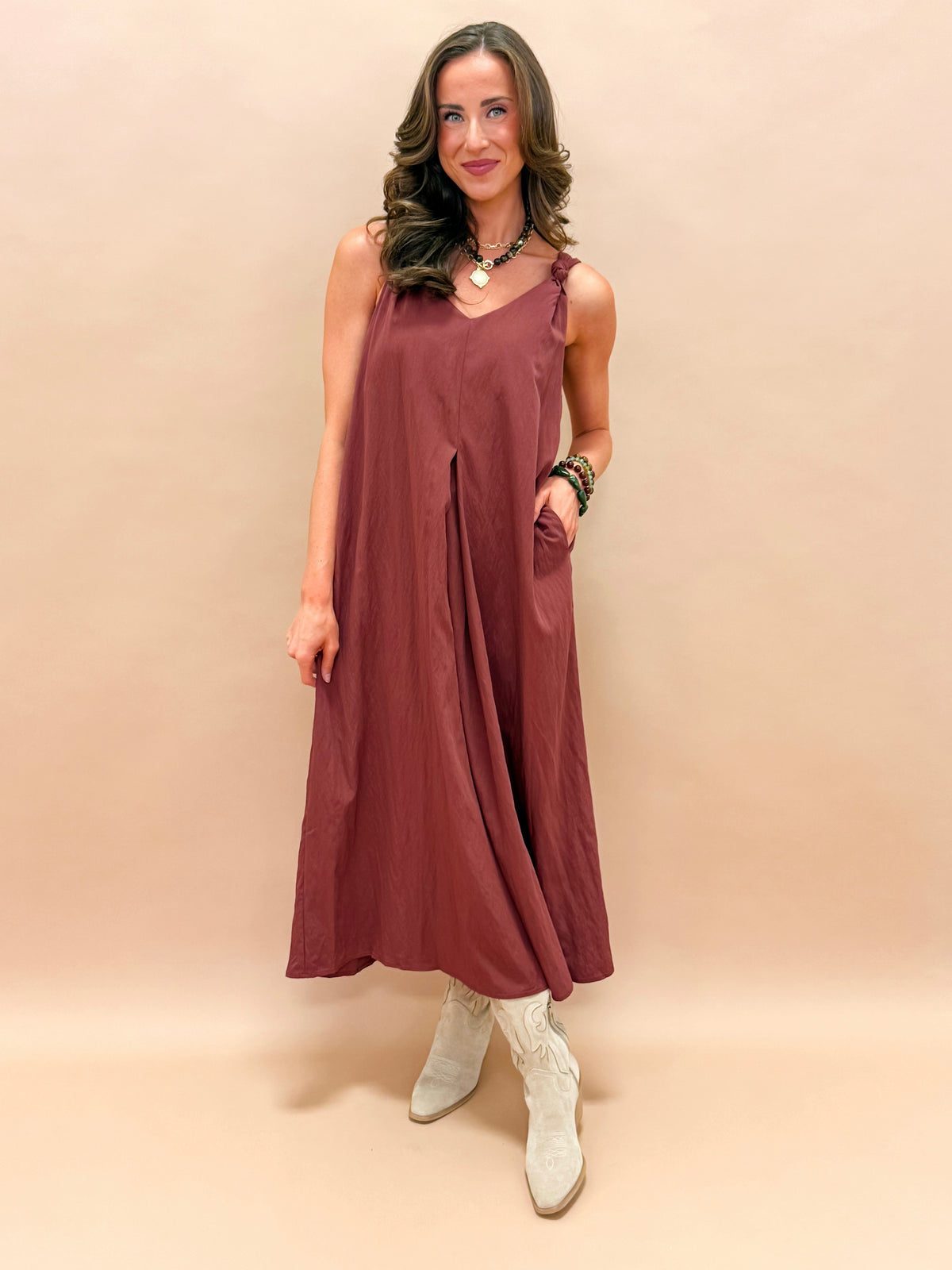 Gabby Shoulder Twisted Dress-Maroon
