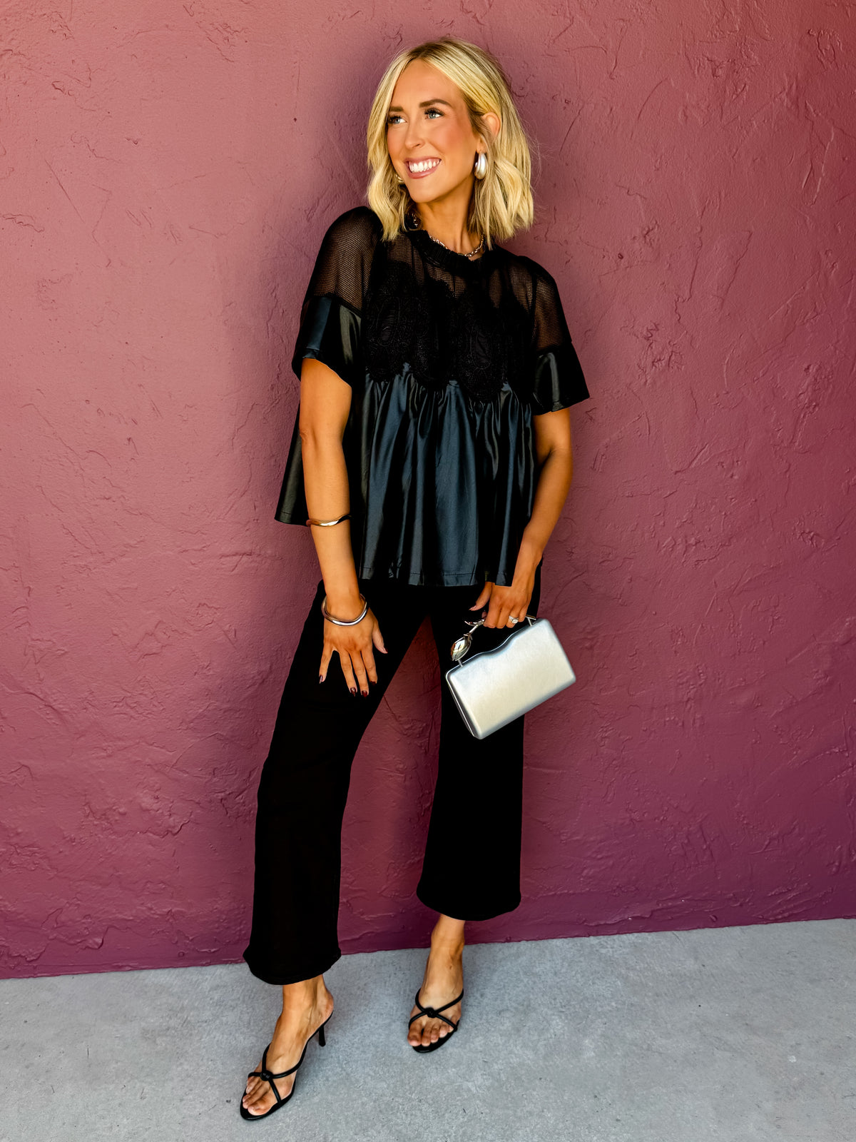 Gabrielle Lace Overlay Faux Leather Babydoll Top