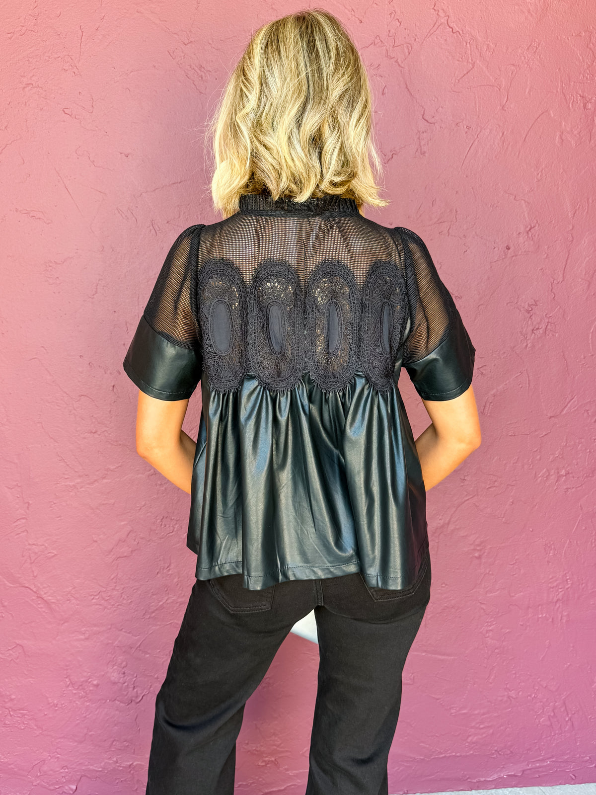 Gabrielle Lace Overlay Faux Leather Babydoll Top