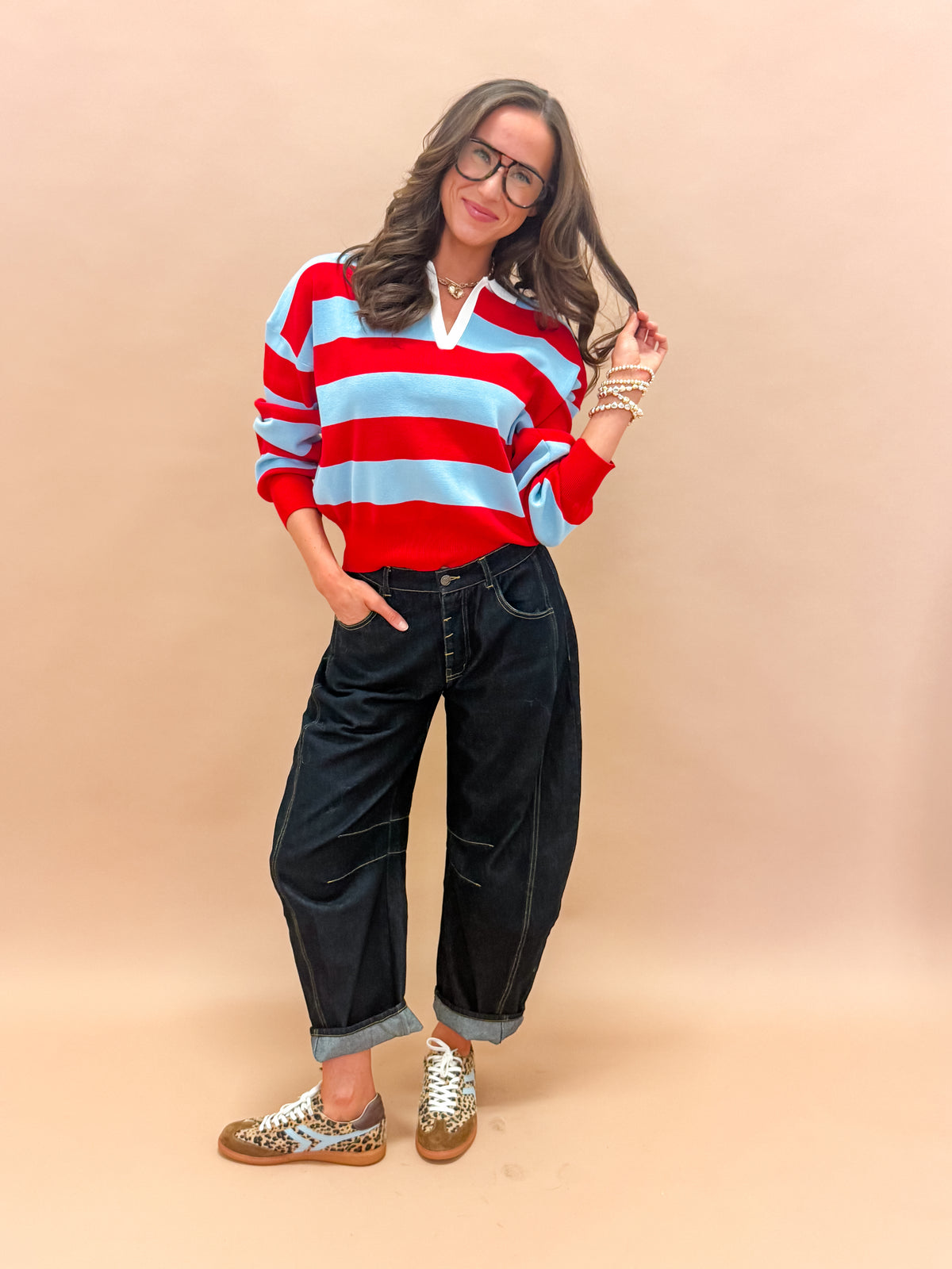 Gentry Striped Knit Polo Sweater-Blue