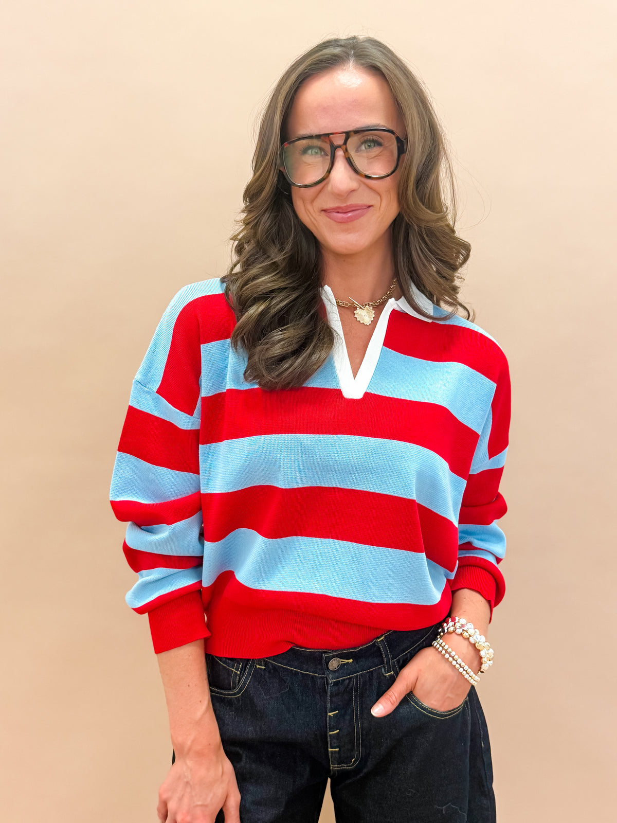 Gentry Striped Knit Polo Sweater-Blue