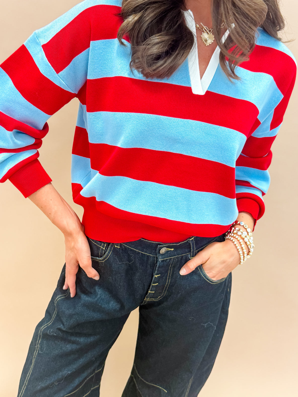 Gentry Striped Knit Polo Sweater-Blue