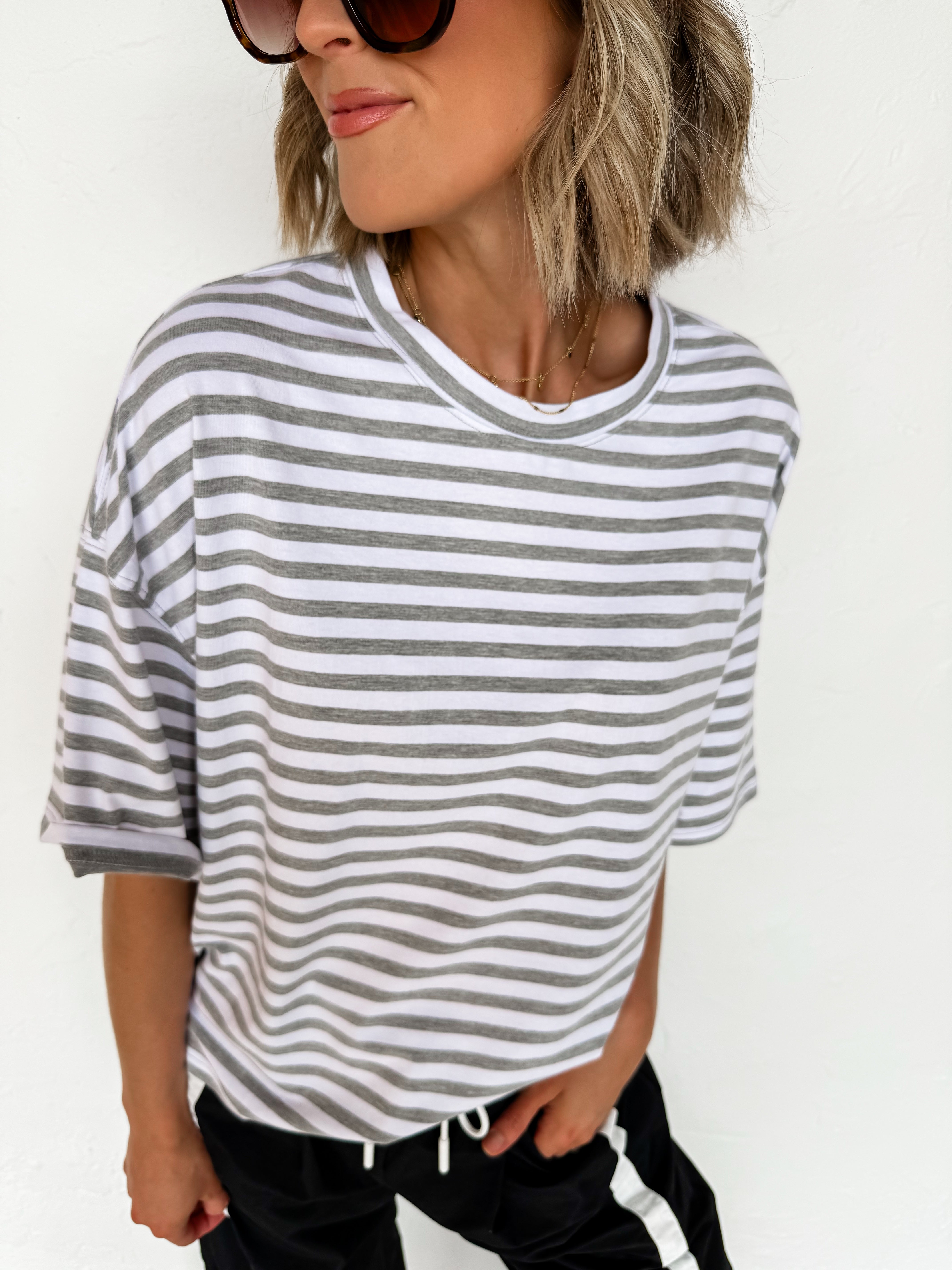 Grace Oversized Striped Top-Gray