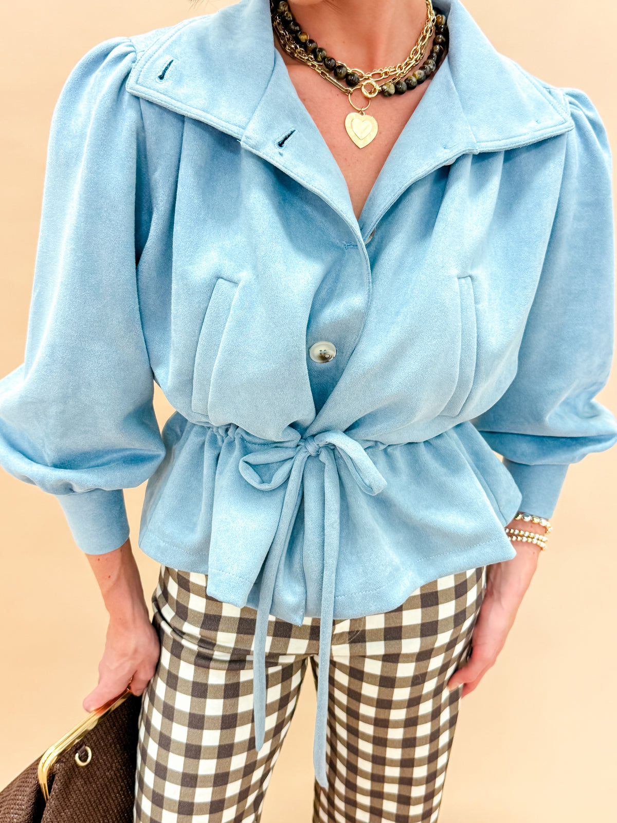Halston High Neck Faux Suede Jacket-Blue