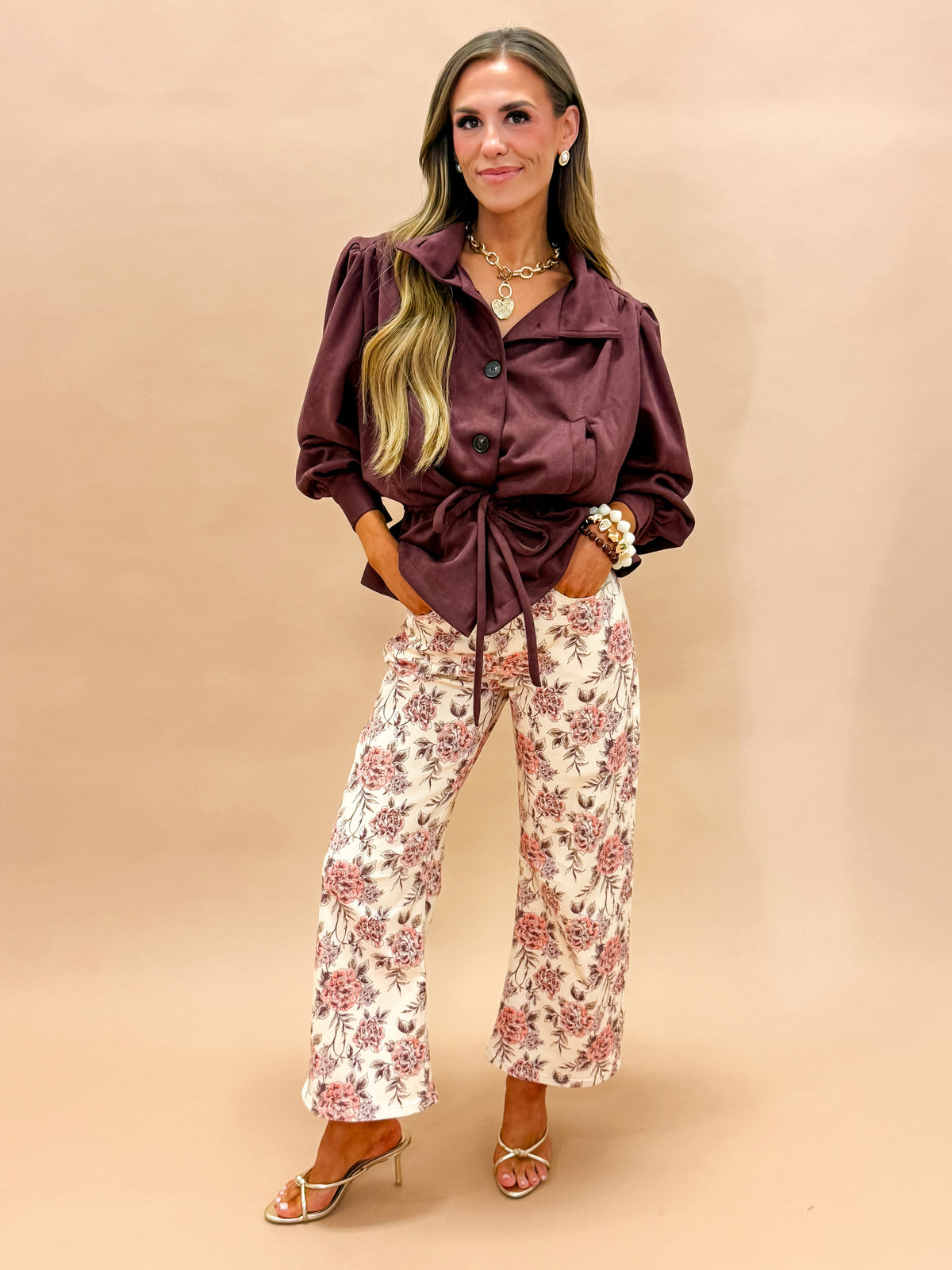 Halston High Neck Faux Suede Jacket-Brown