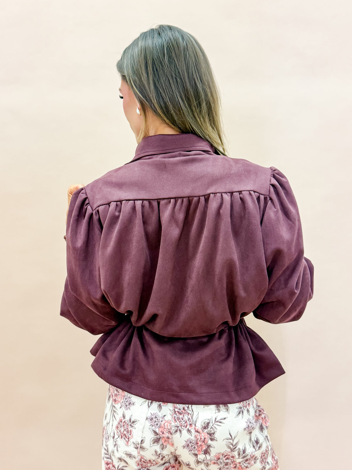 Halston High Neck Faux Suede Jacket-Brown
