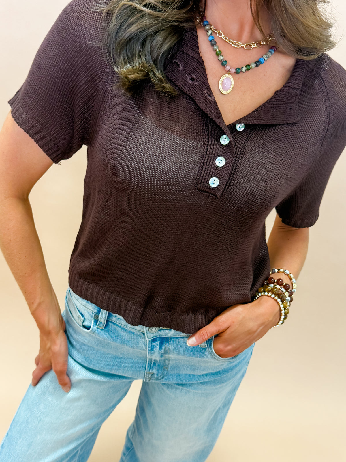 Huxley Knit Henley Top-Brown