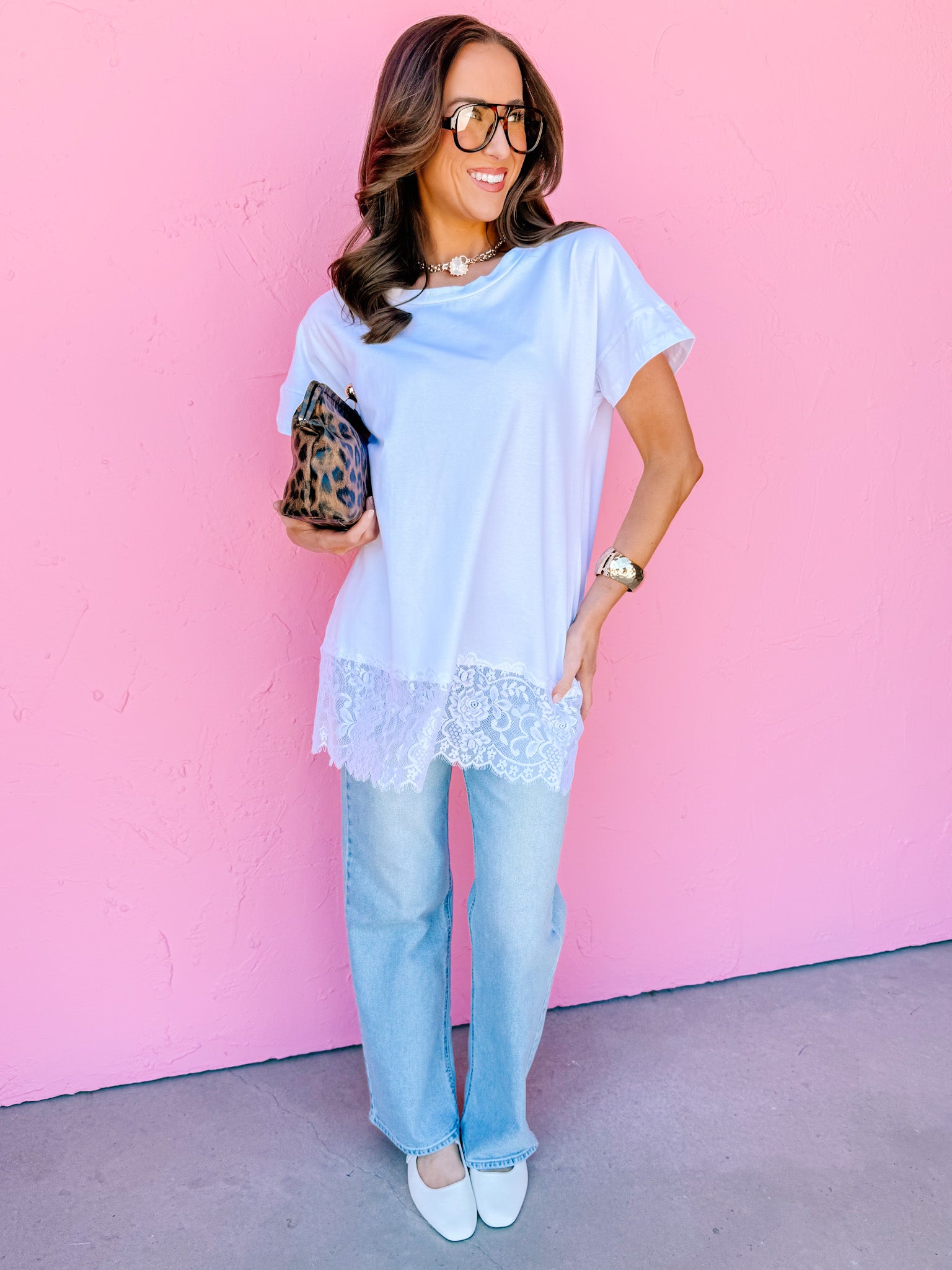 Stevie White Lace Trim Tunic Top - Made in USA