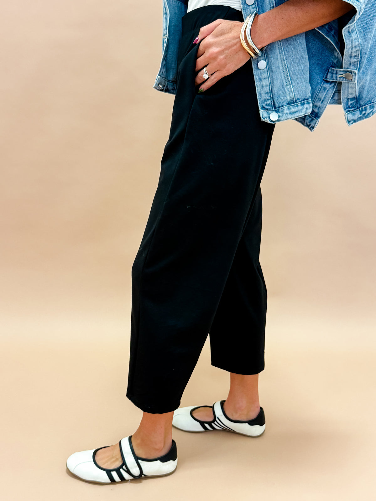 The Tana Black Ponte Barrel Pant – Made in USA Stretch Barrel Pant