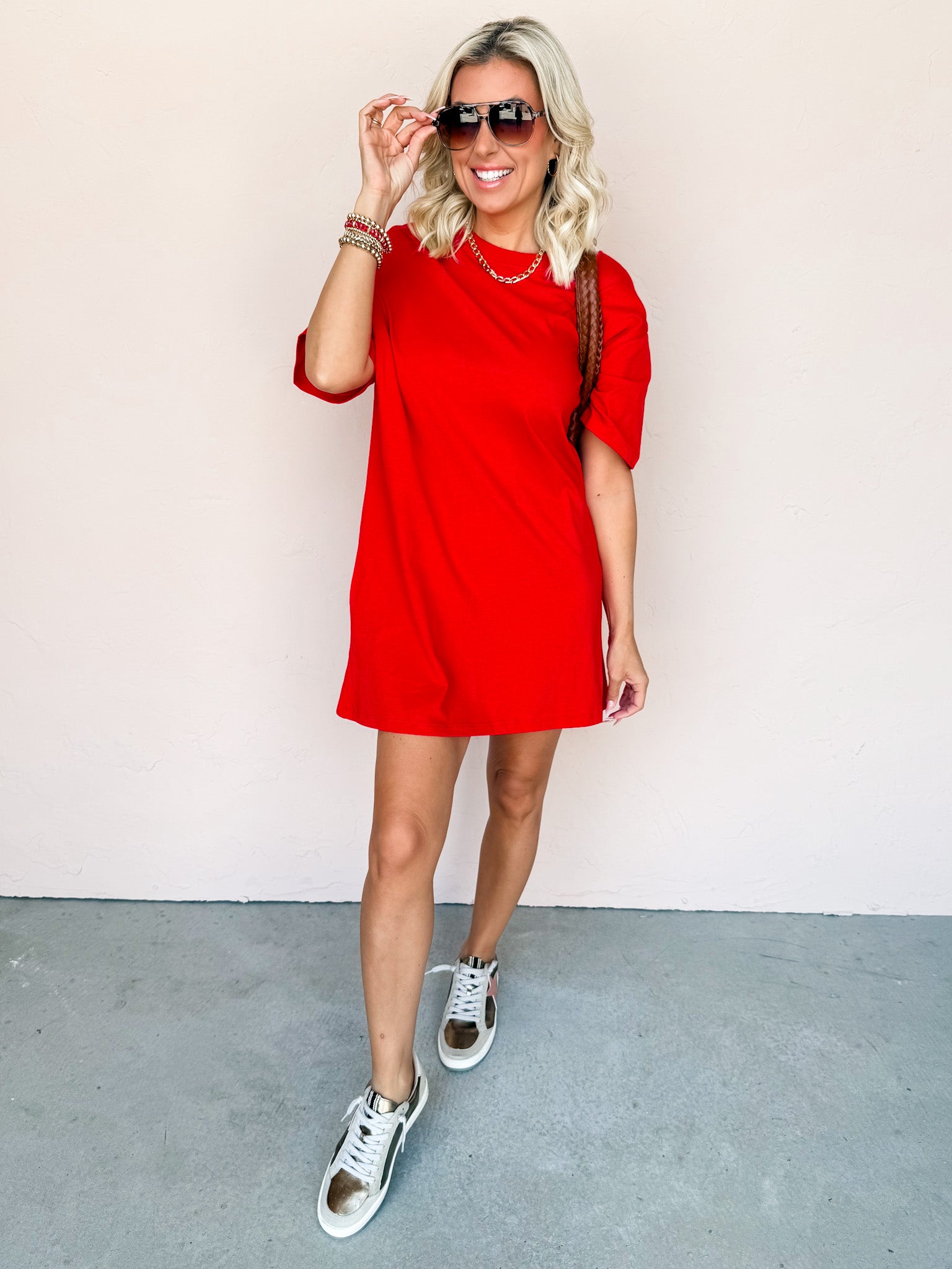 Running Errands Round-Neck T-Shirt Dress-Red