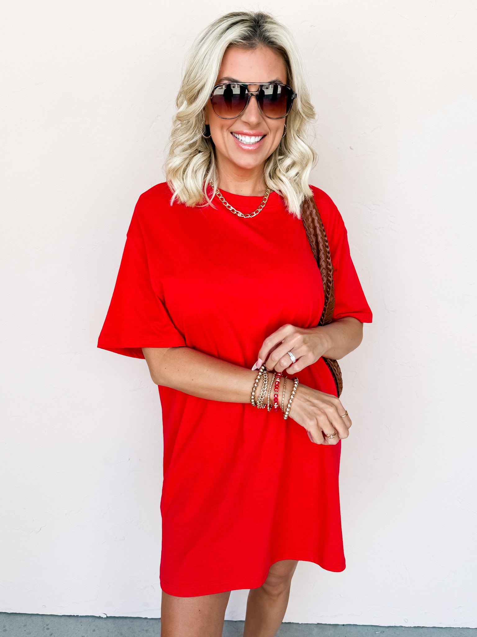 Running Errands Round-Neck T-Shirt Dress-Red