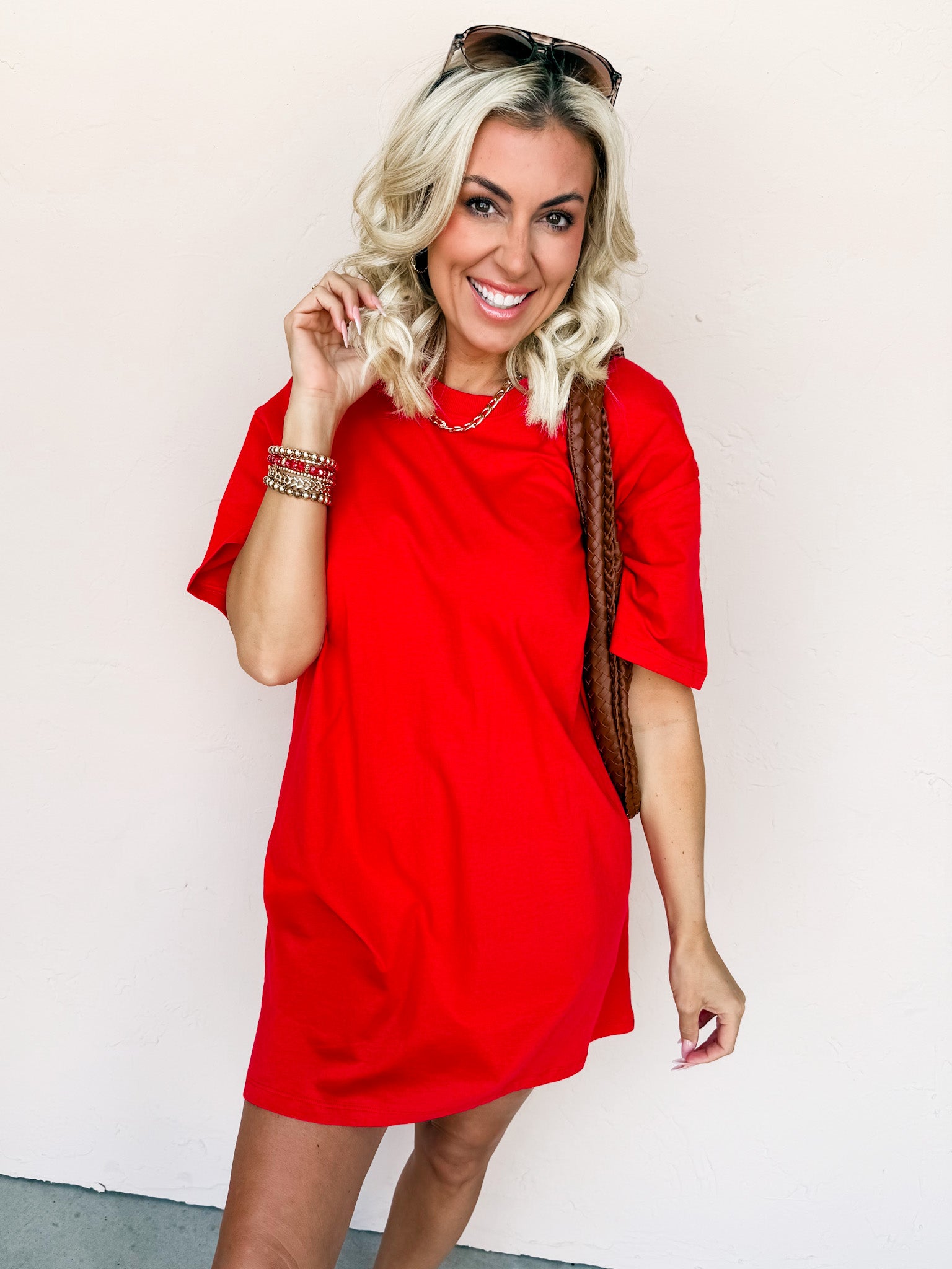 Running Errands Round-Neck T-Shirt Dress-Red