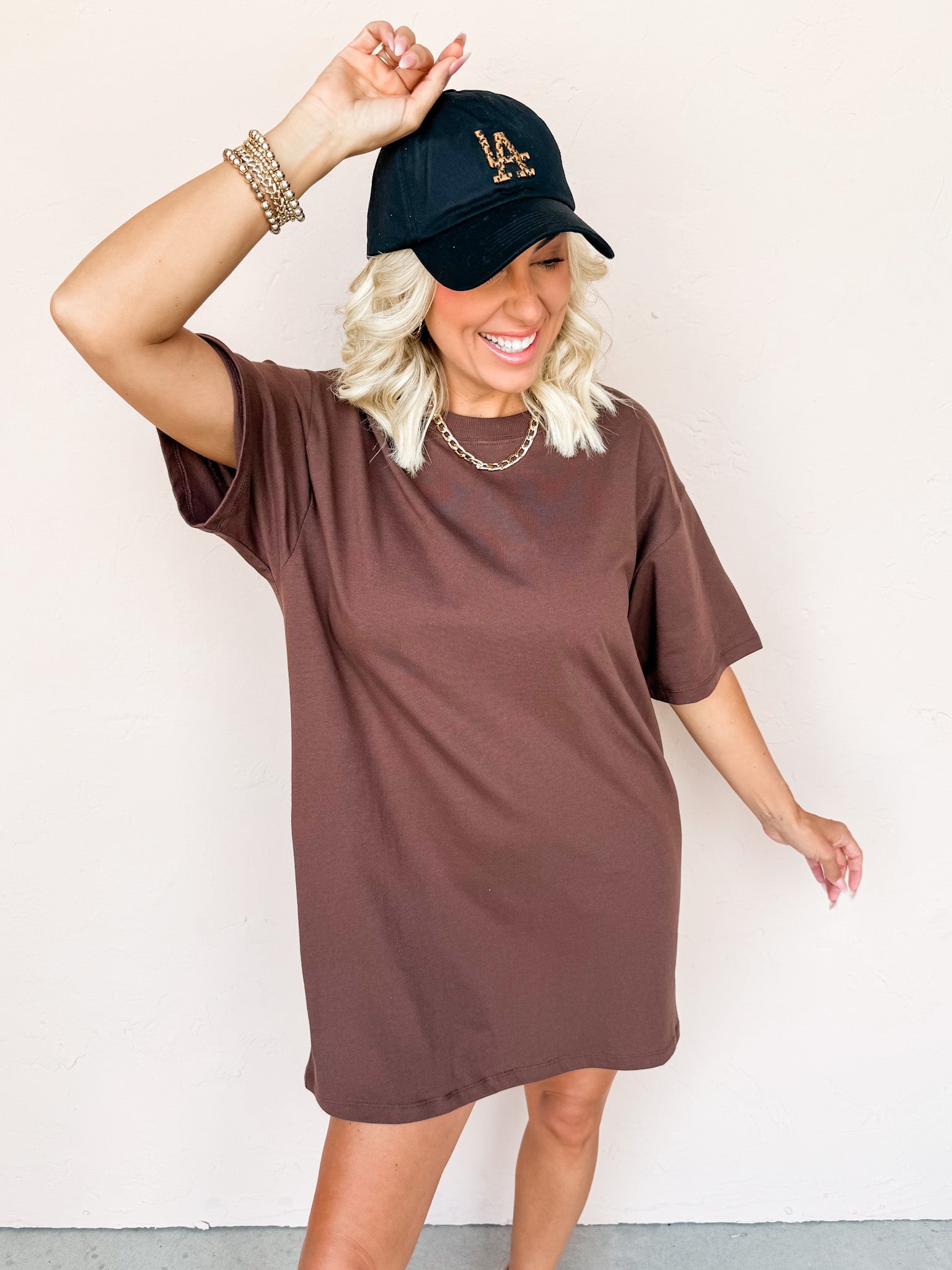 Running Errands Round-Neck T-Shirt Dress-Brown