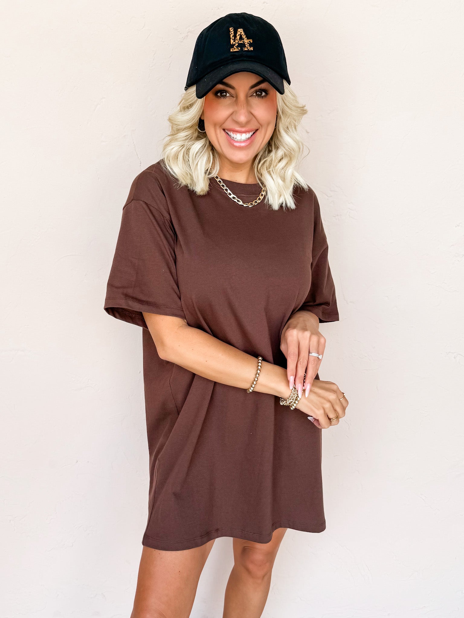 Running Errands Round-Neck T-Shirt Dress-Brown