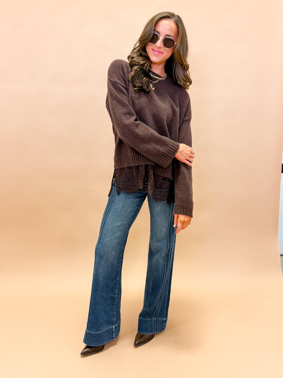 Darcy Lace Trim Sweater-Brown