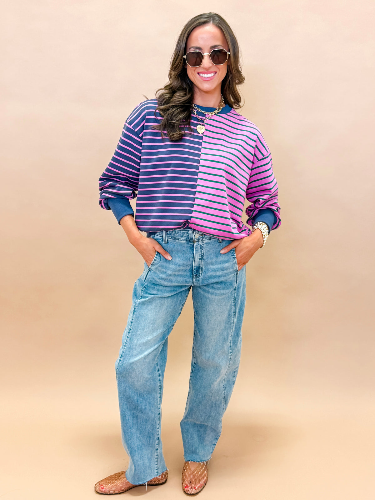 Kayleen Color Block Stripe French Terry Sweatshirt-Pink