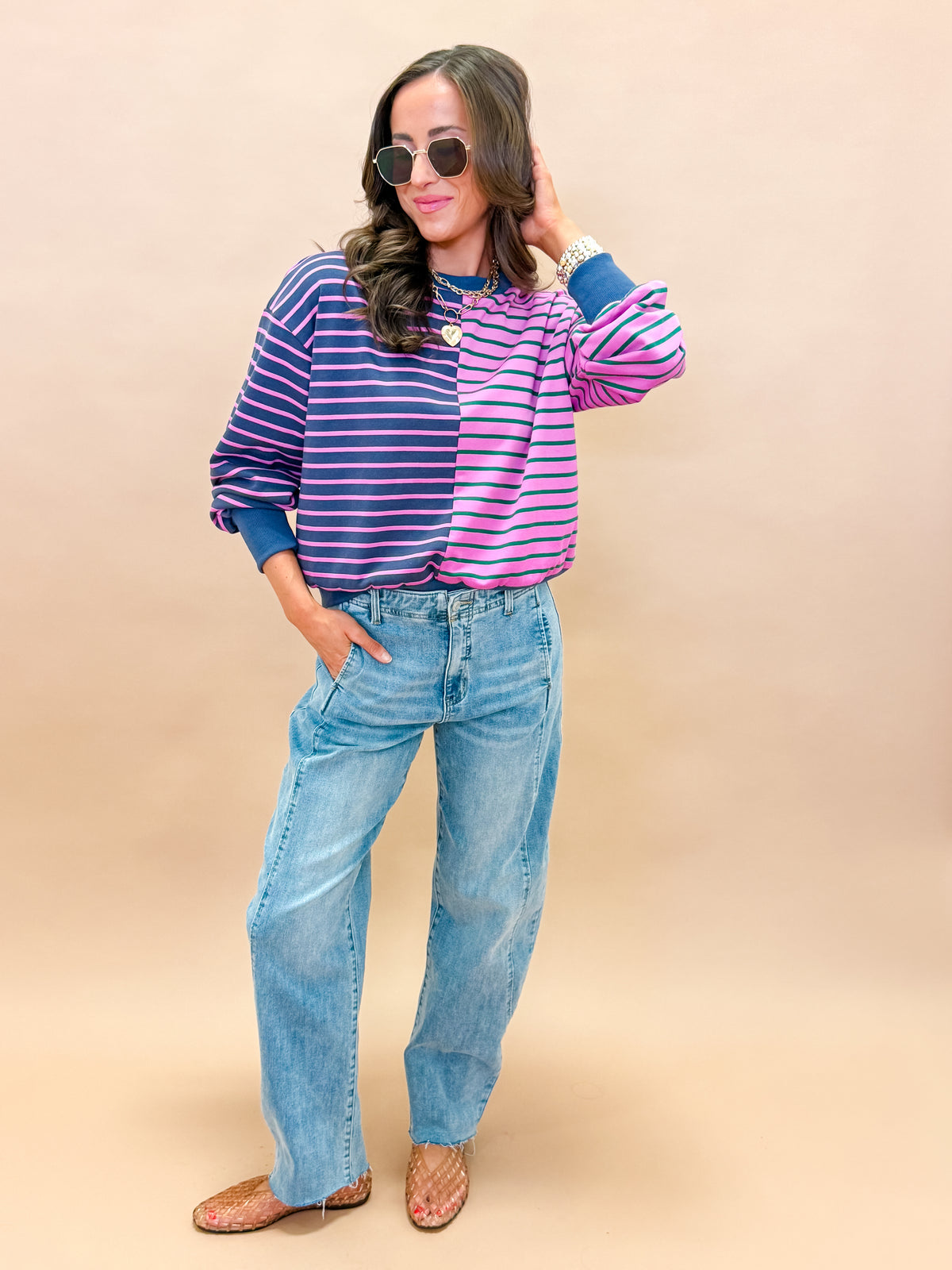 Kayleen Color Block Stripe French Terry Sweatshirt-Pink