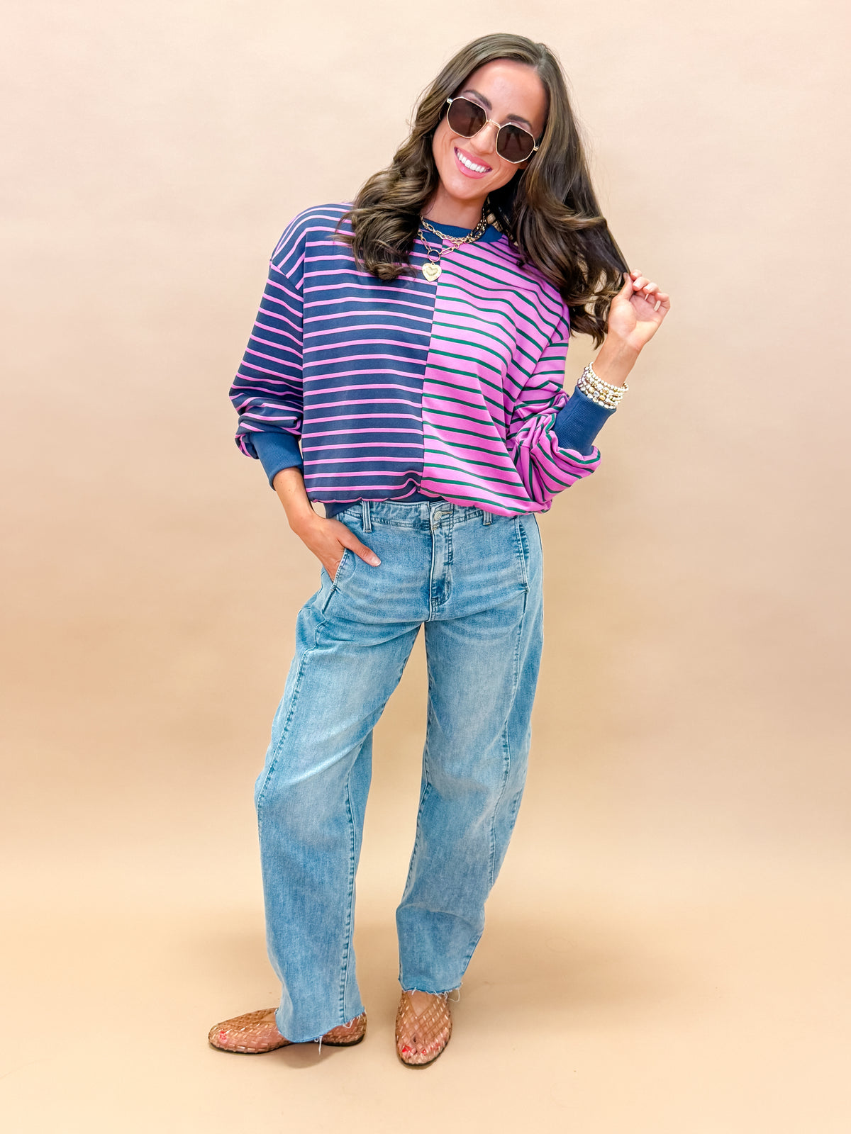 Kayleen Color Block Stripe French Terry Sweatshirt-Pink