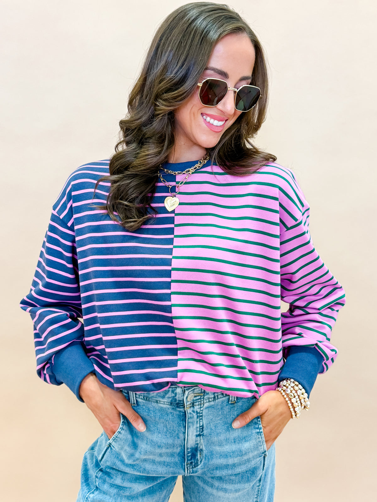 Kayleen Color Block Stripe French Terry Sweatshirt-Pink