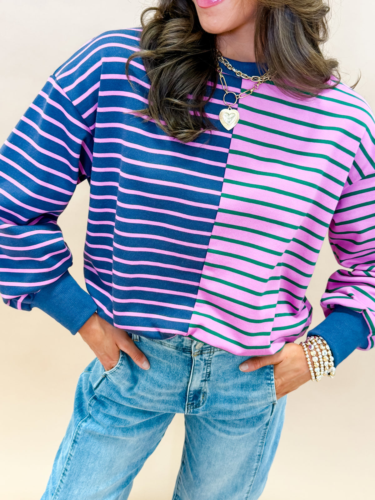 Kayleen Color Block Stripe French Terry Sweatshirt-Pink