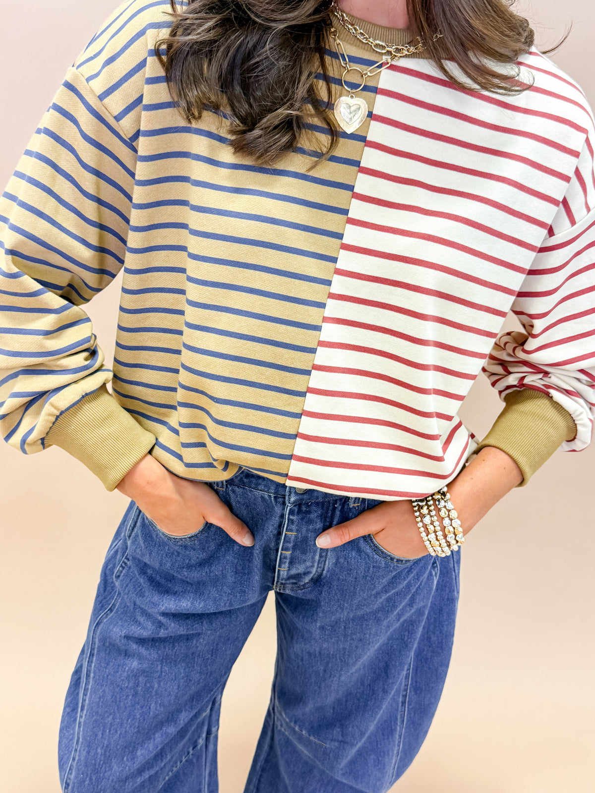 Kayleen Color Block Stripe French Terry Sweatshirt-Taupe
