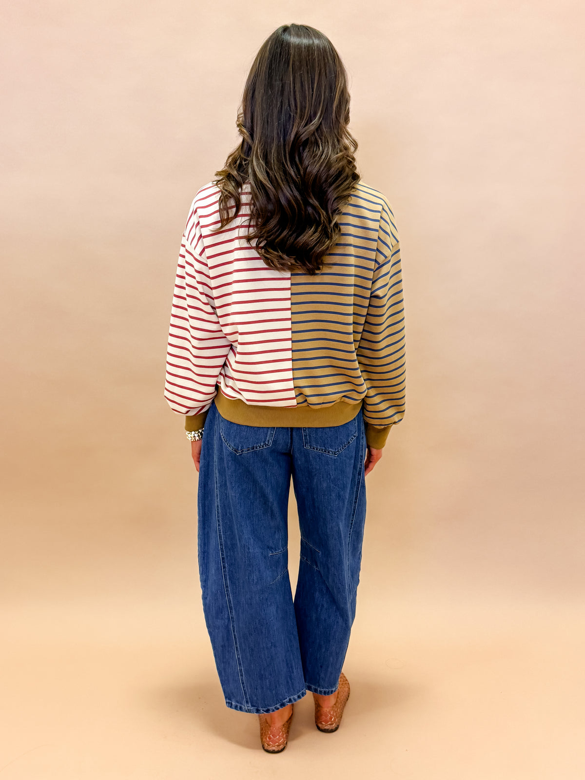Kayleen Color Block Stripe French Terry Sweatshirt-Taupe