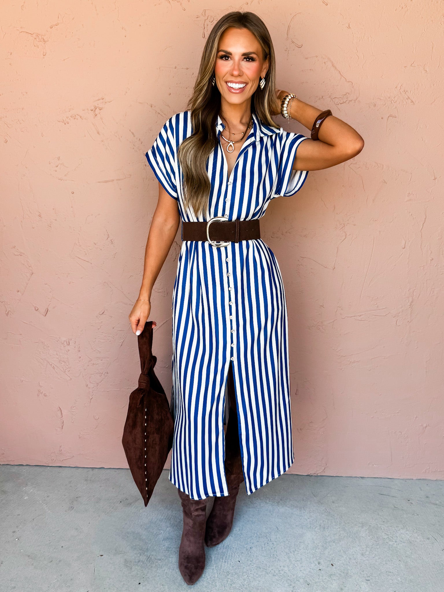 In Line Belted Midi Shirt Dress