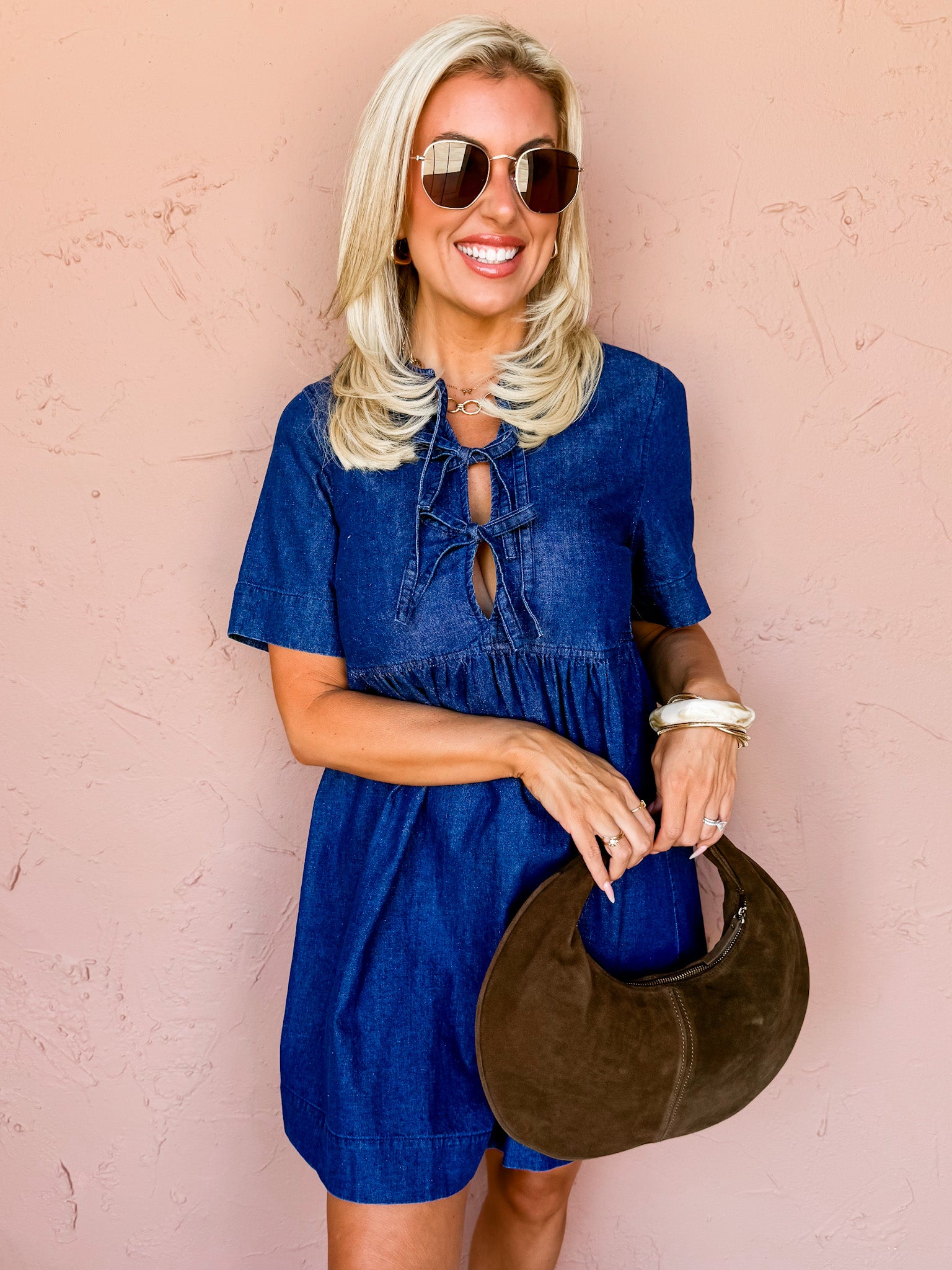 Subtle Shift Denim Tie Front Mini Dress