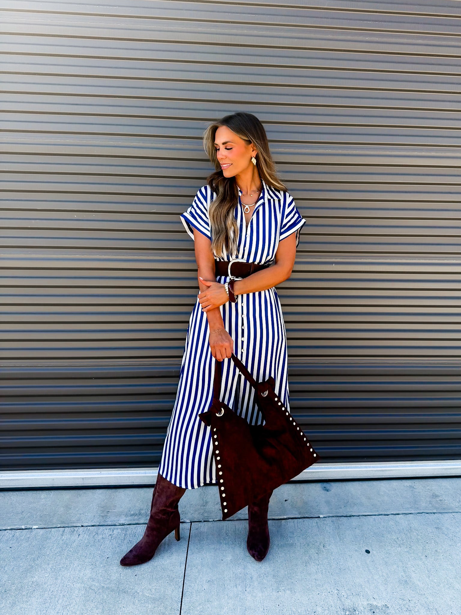 In Line Belted Midi Shirt Dress