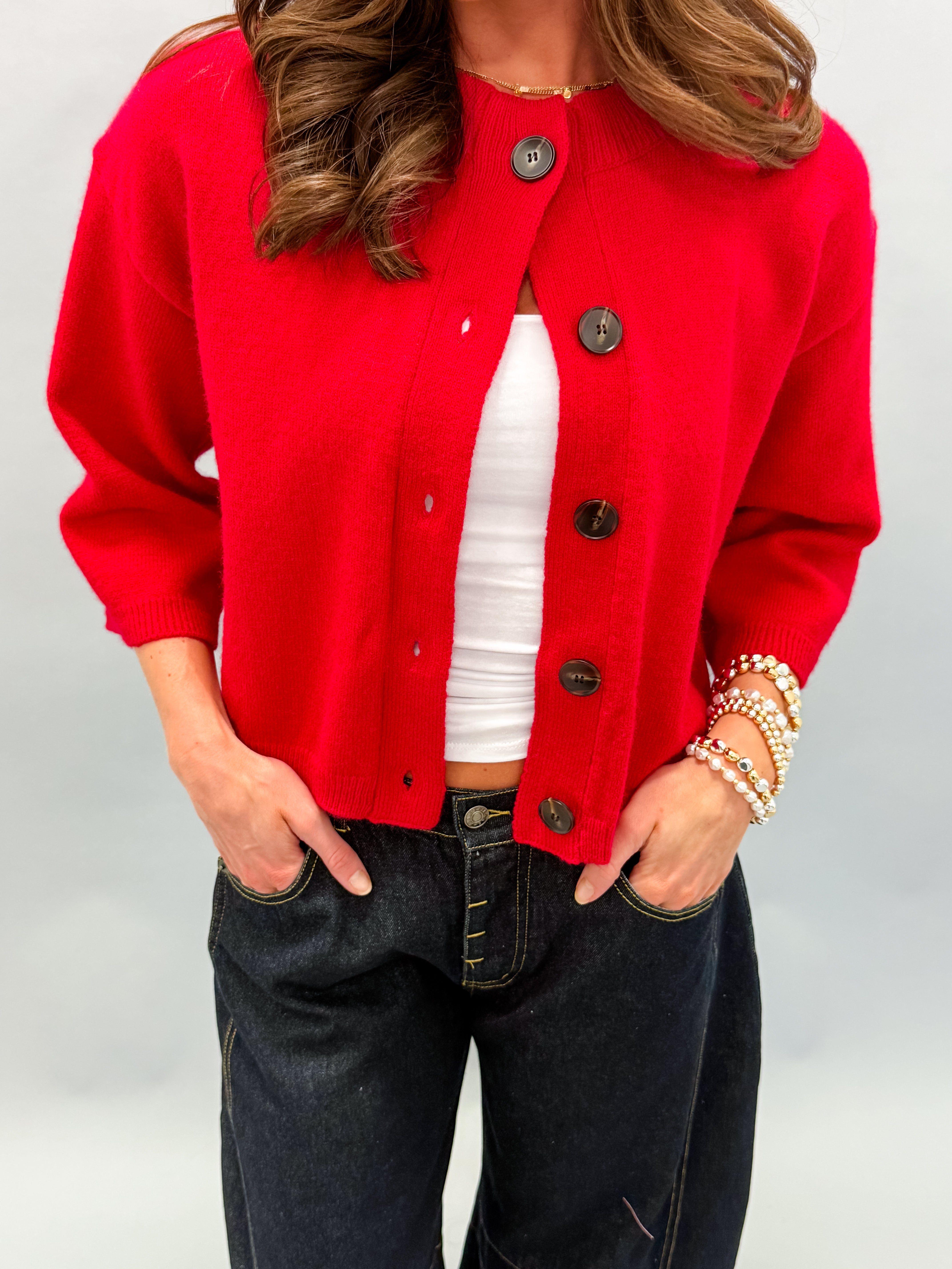 Sunday Half Sleeve Cardigan Sweater-Red