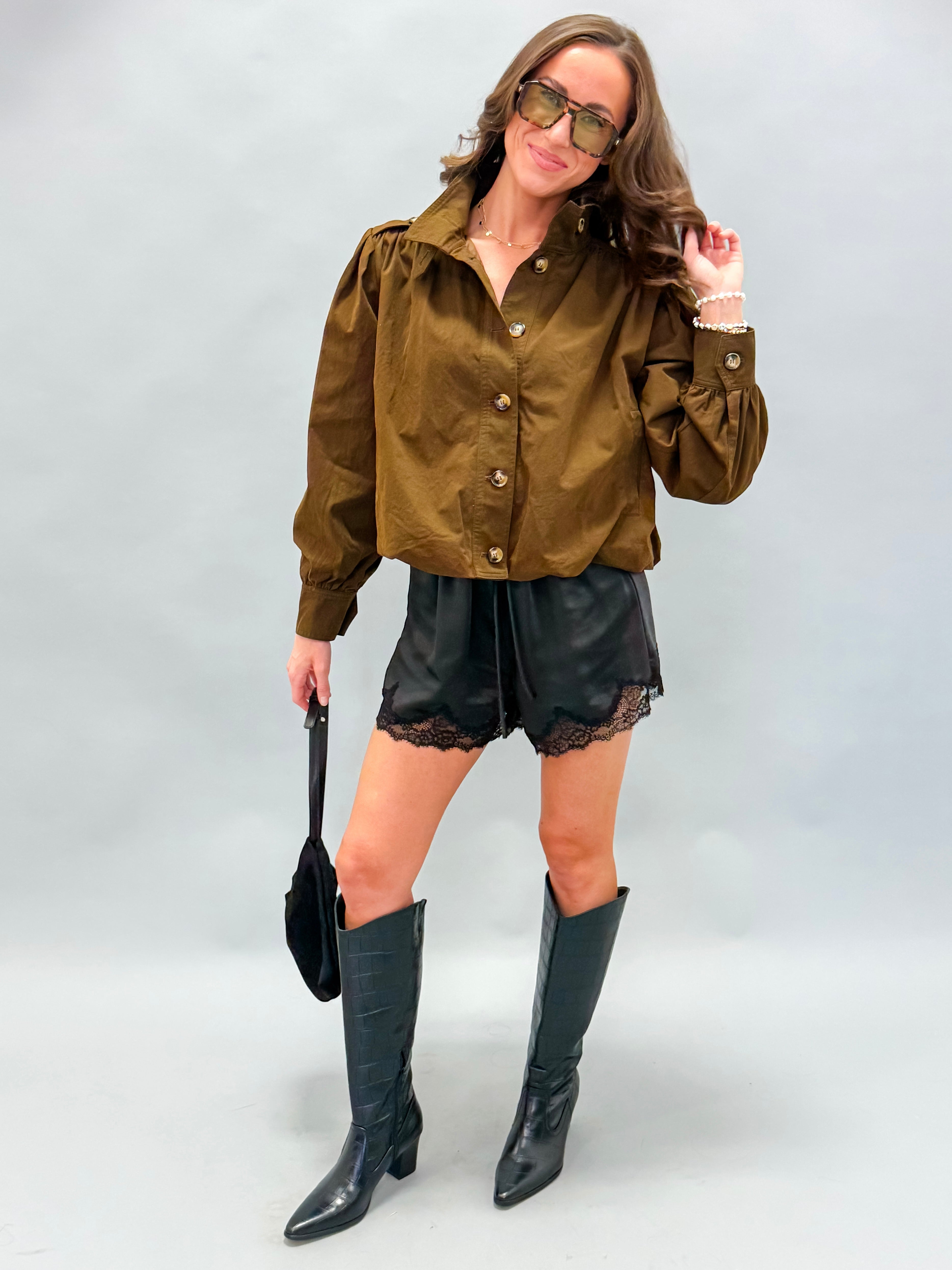 Melinda Collar Gathered Hem Bomber Jacket