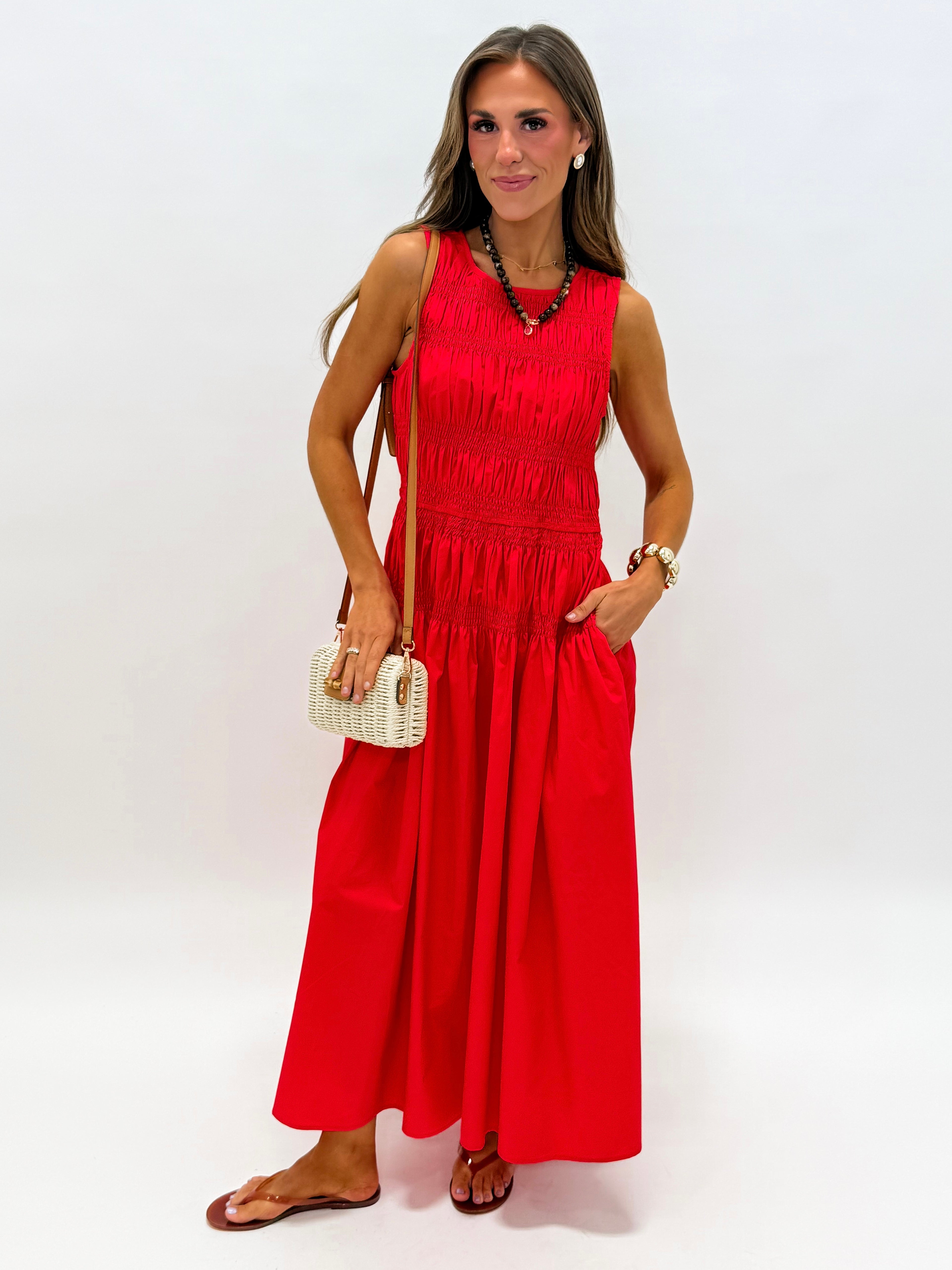 Jacee Smocked Sleeveless Midi Dress-Red