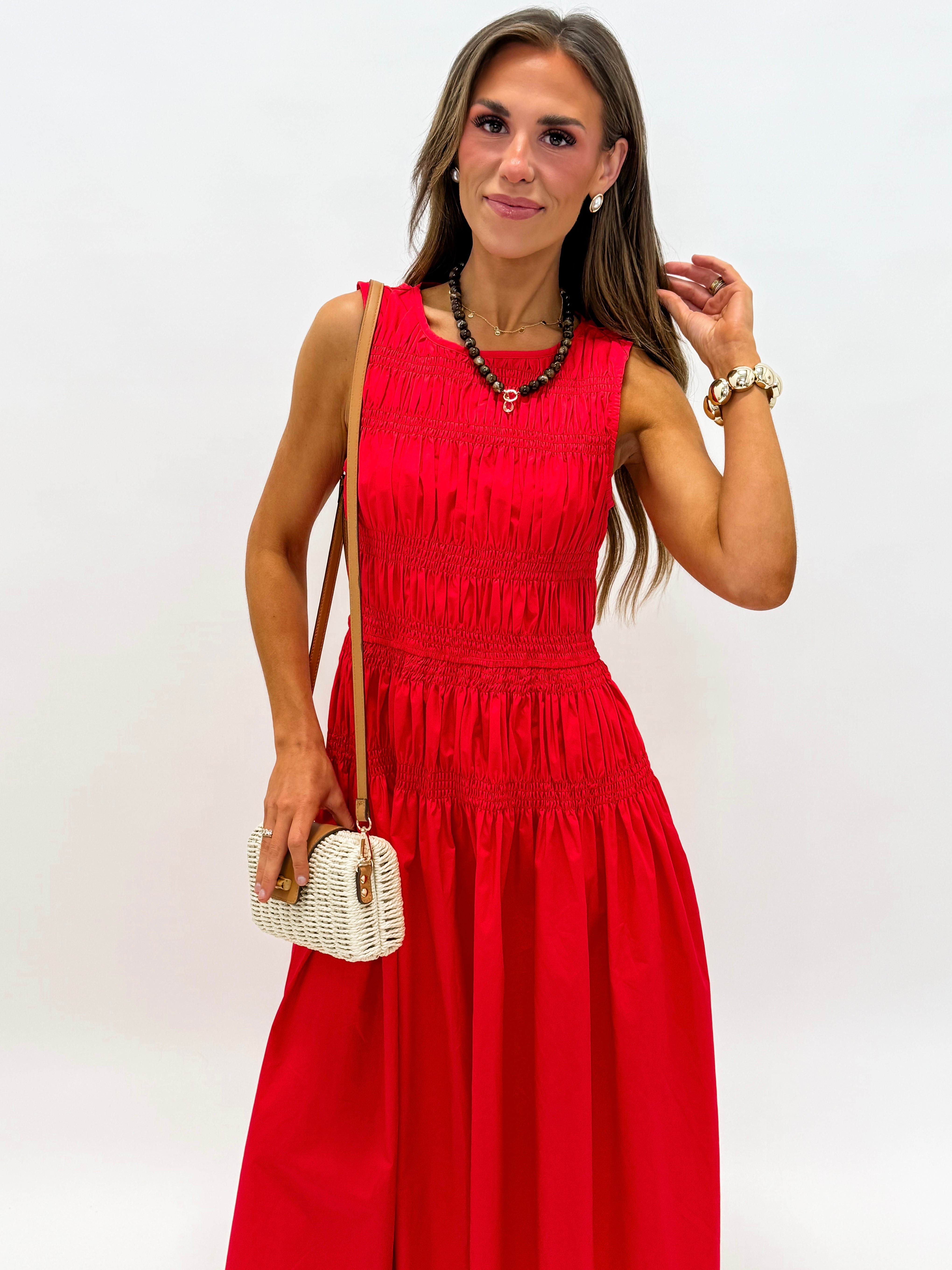 Jacee Smocked Sleeveless Midi Dress-Red
