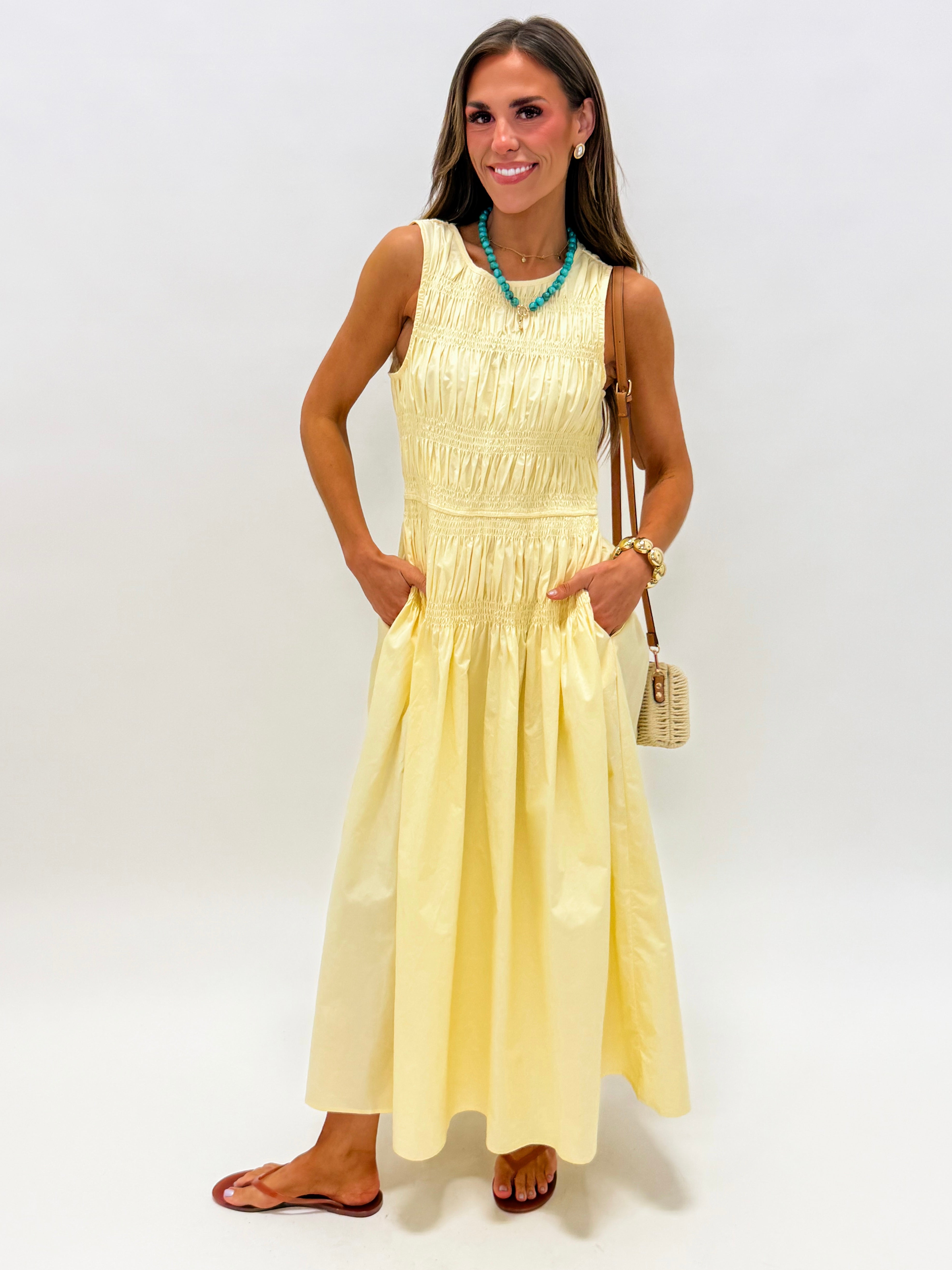 Jacee Smocked Sleeveless Midi Dress-Yellow