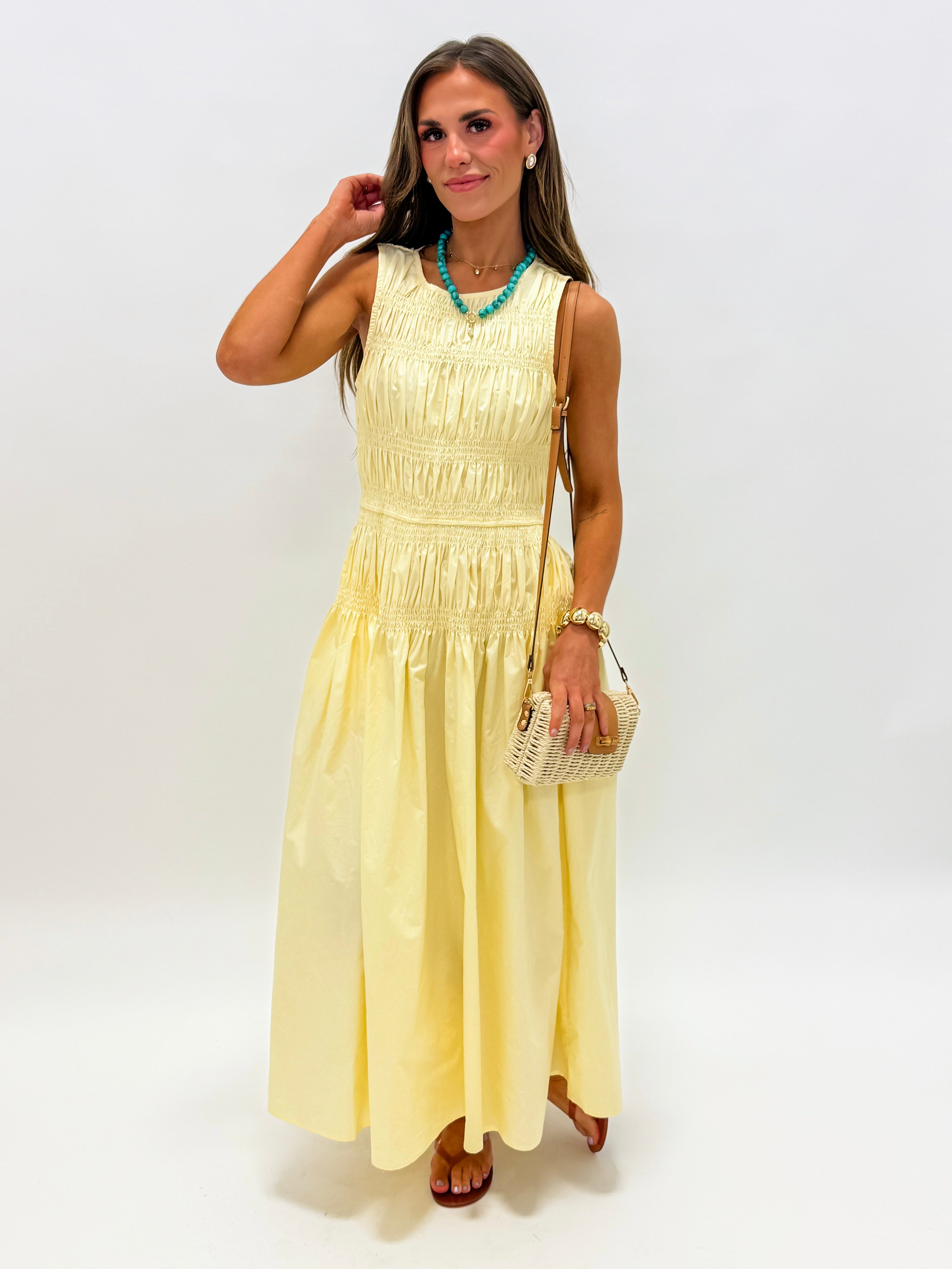 Jacee Smocked Sleeveless Midi Dress-Yellow