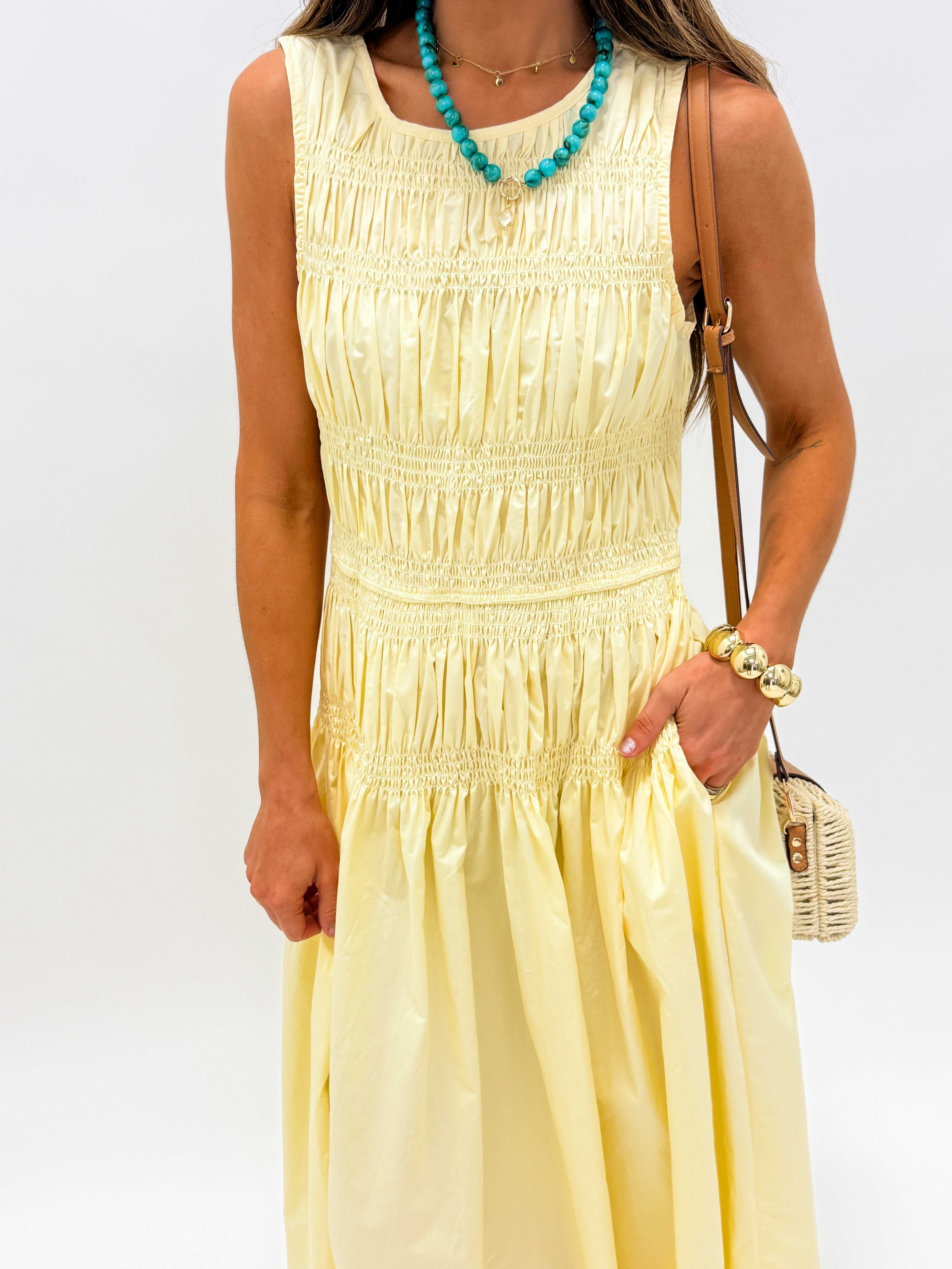 Jacee Smocked Sleeveless Midi Dress-Yellow