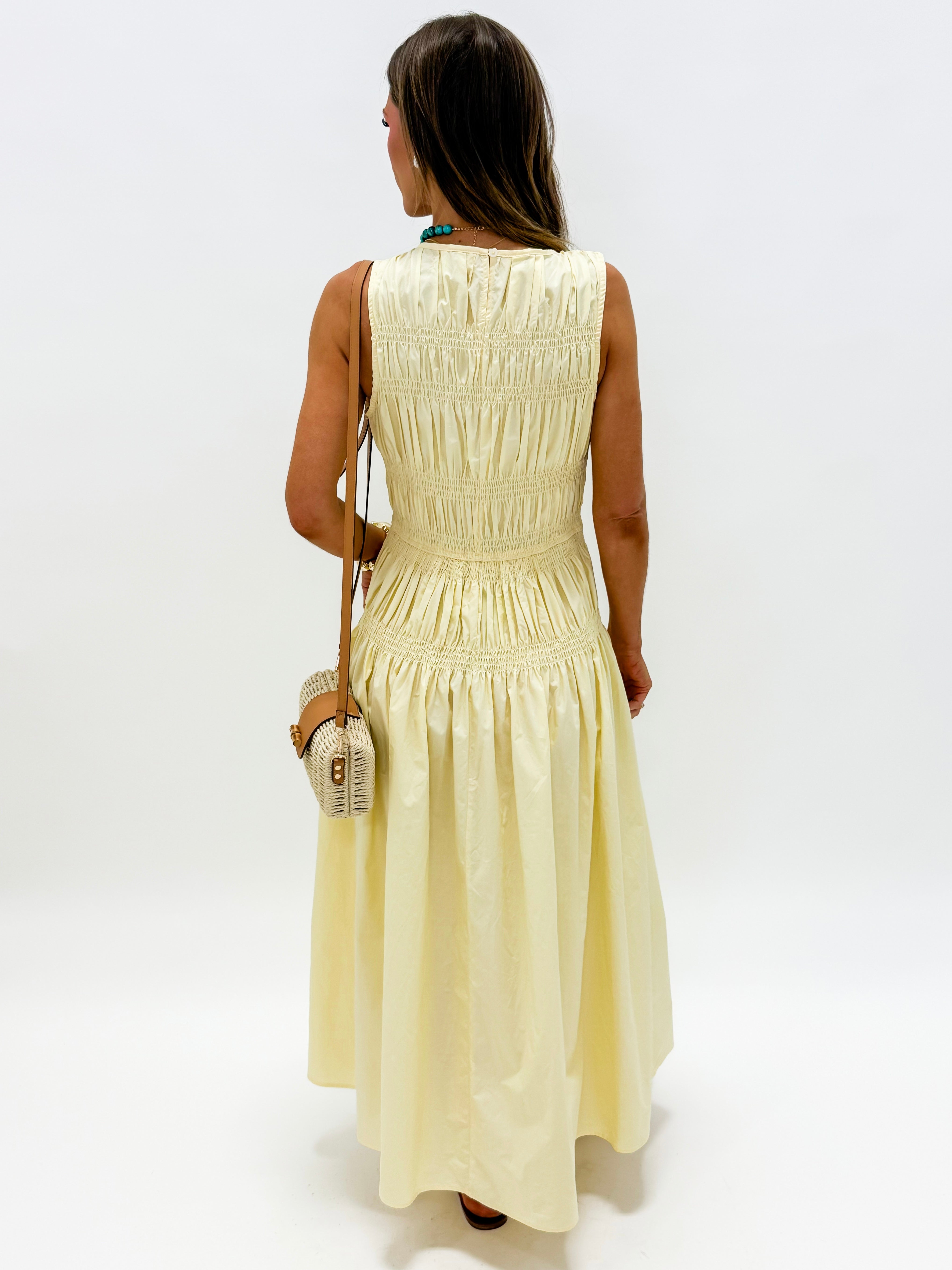 Jacee Smocked Sleeveless Midi Dress-Yellow