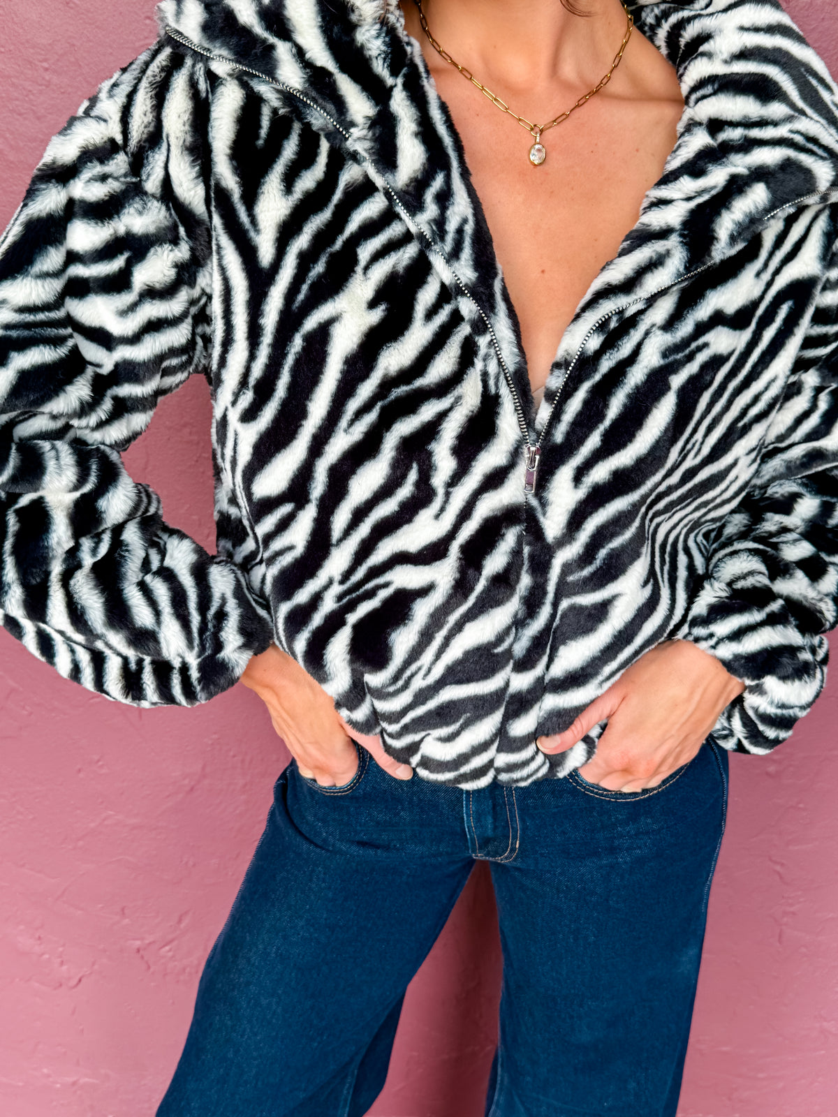 Jagger Zebra Faux Fur Funnel Neck Jacket