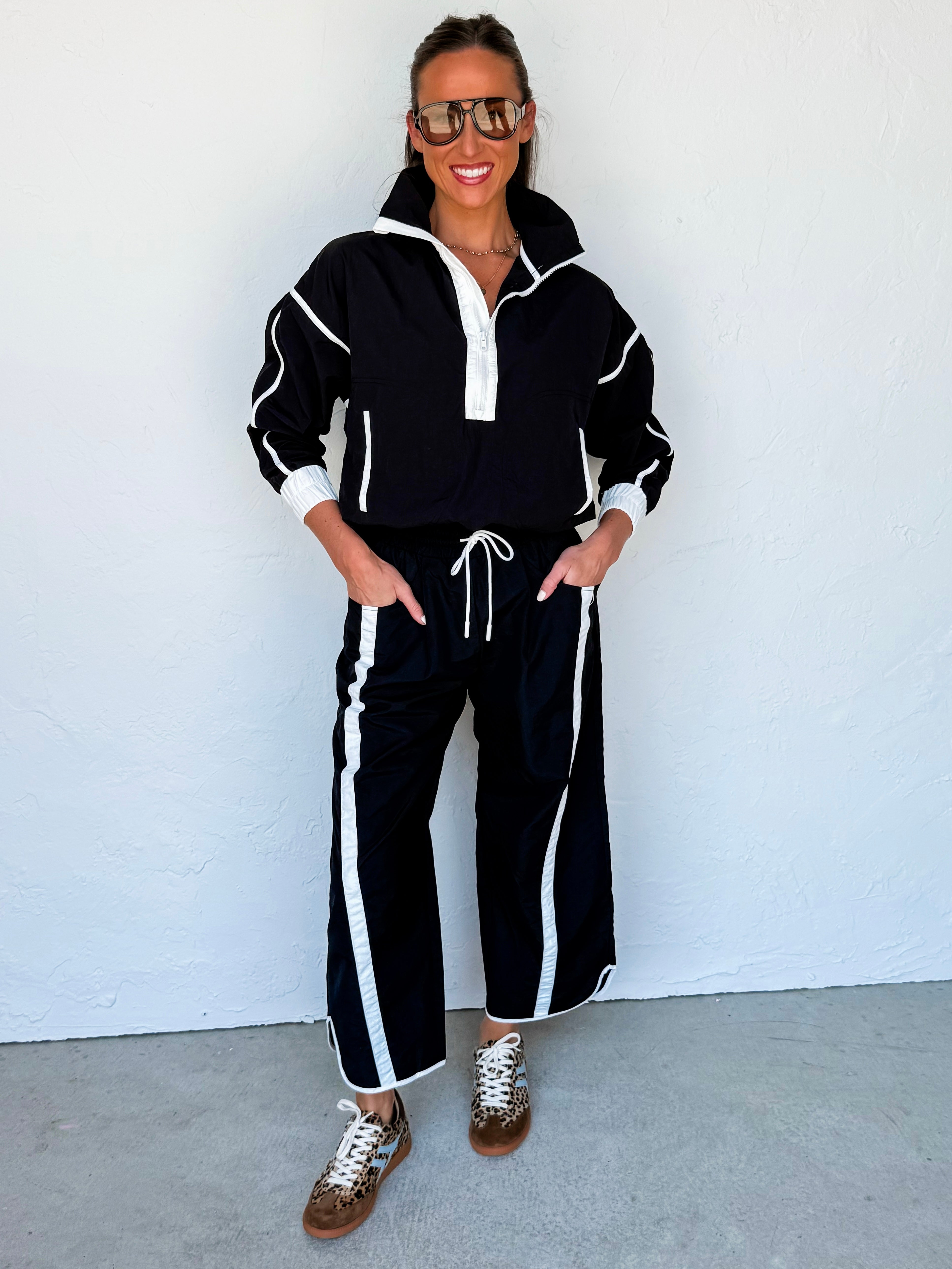 Jasmine Sporty Nylon Half Zip Pullover-Black