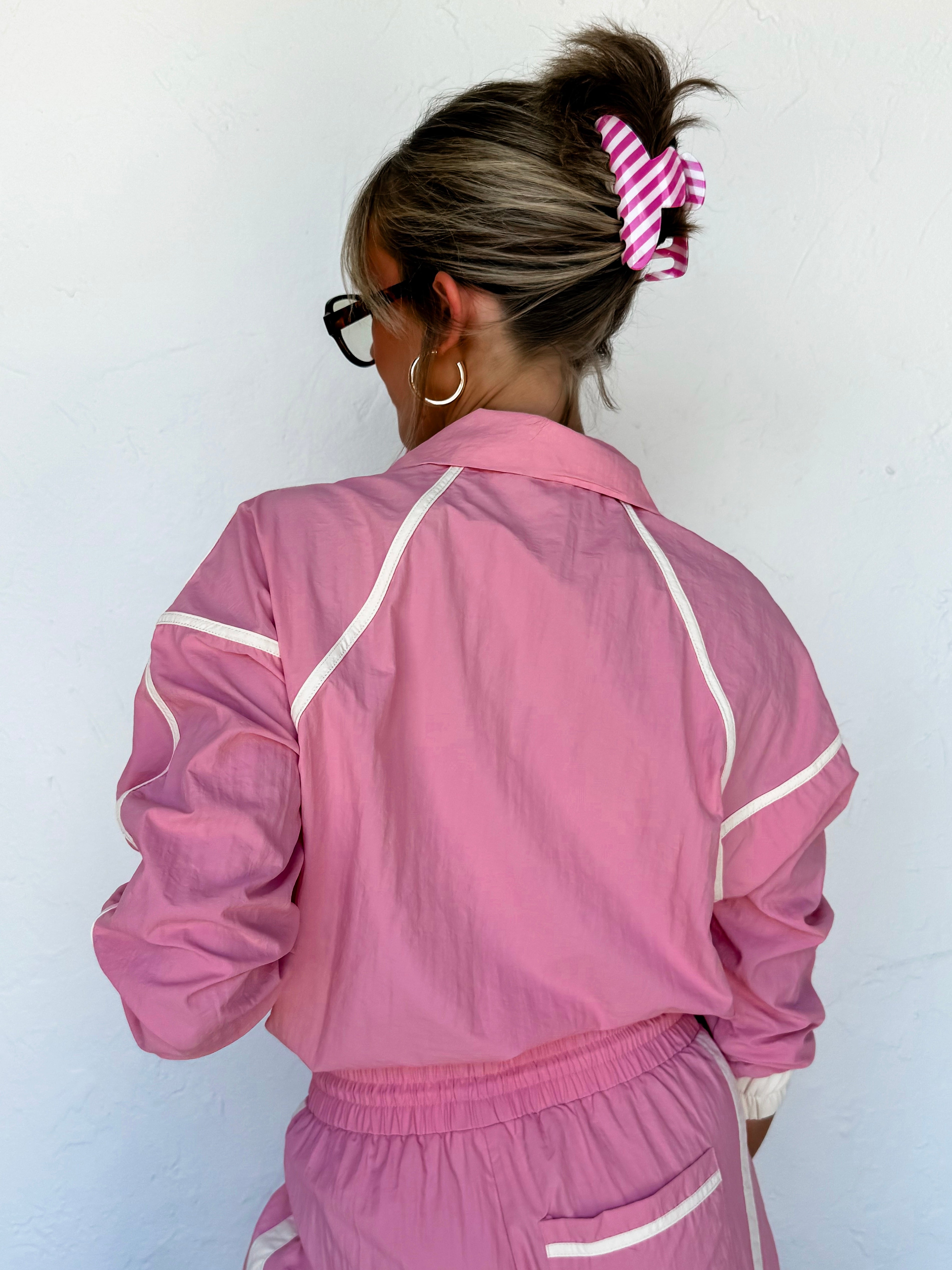 Jasmine Sporty Nylon Half Zip Pullover-Pink