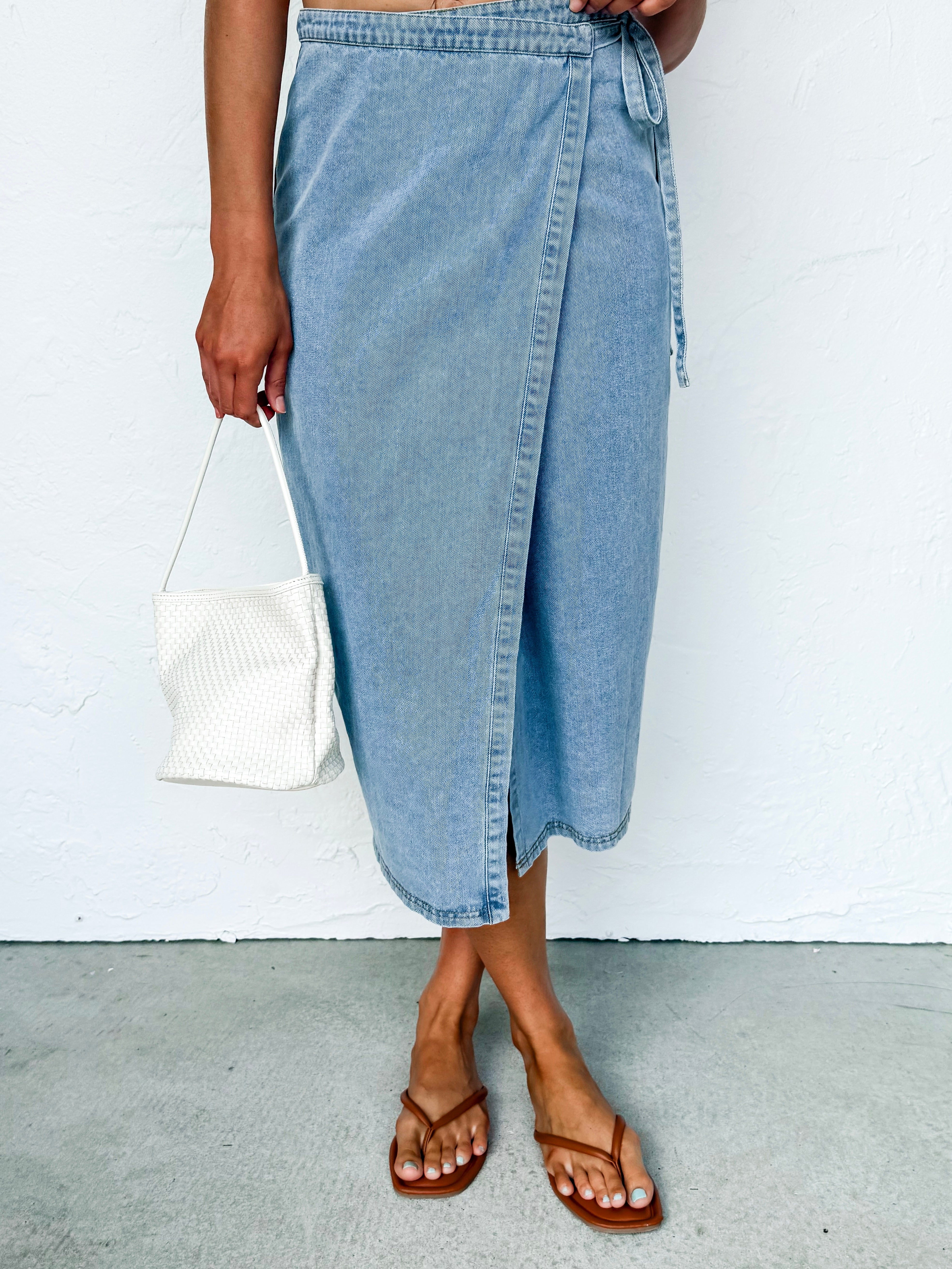 Jenna Washed Denim Wrap Midi Skirt