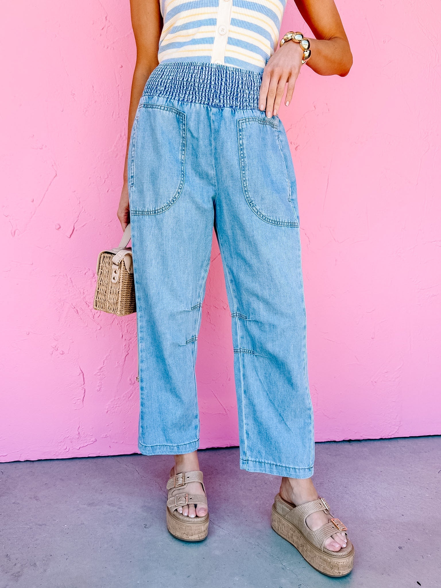 Jessie Smocked Waist Barrel Denim Pants Small