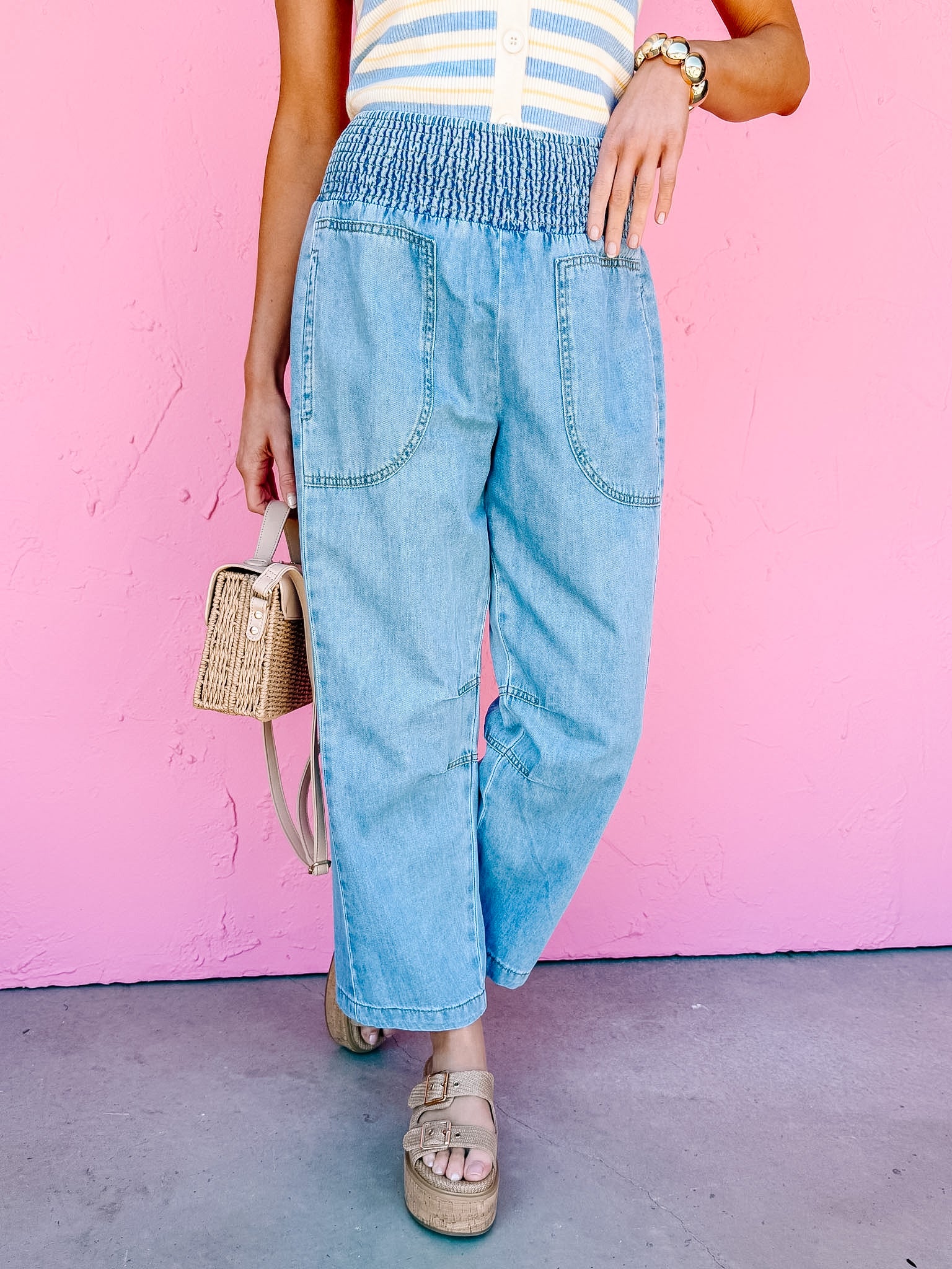 Jessie Smocked Waist Barrel Denim Pants
