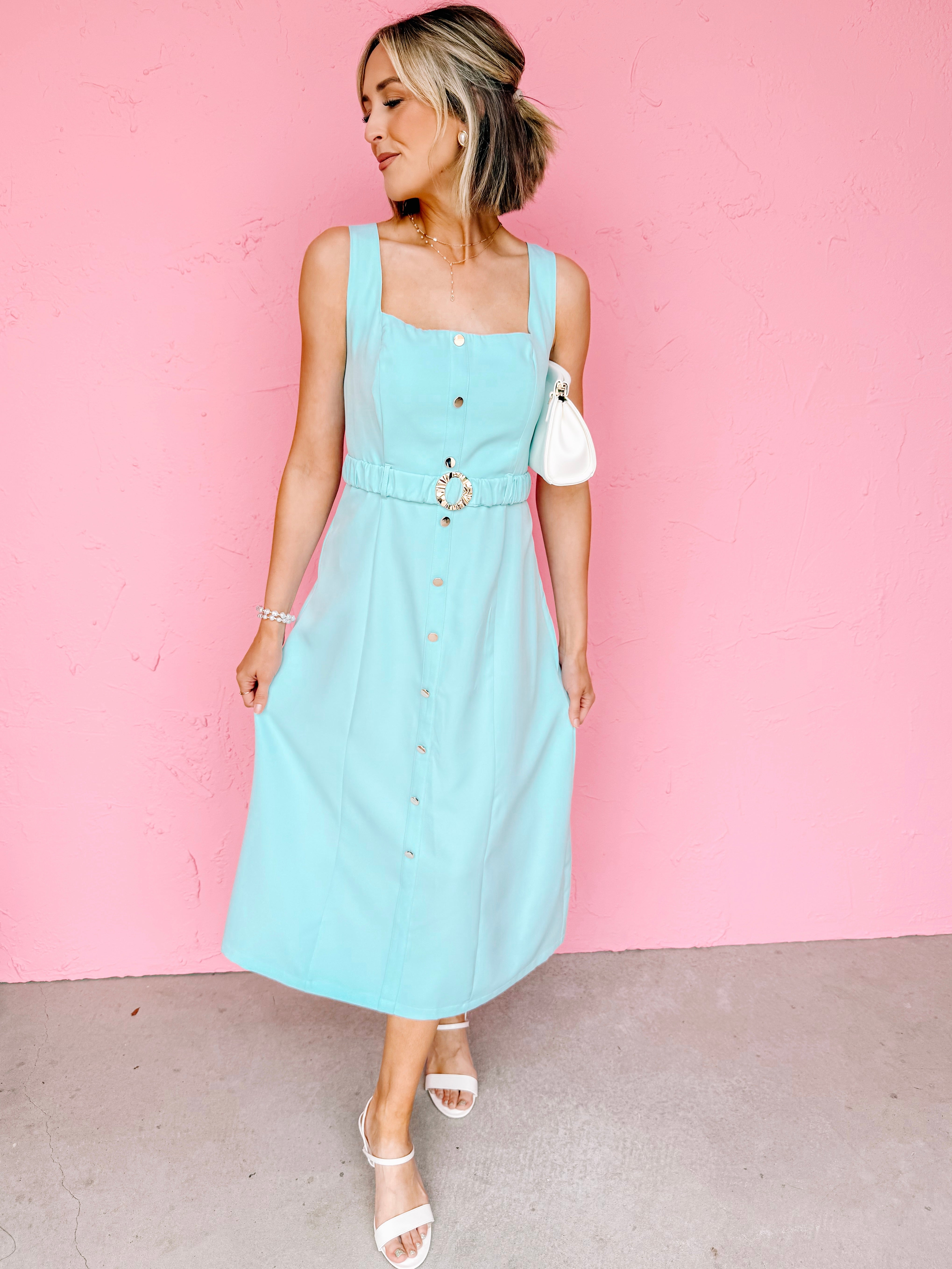 Juliann Sleeveless Belted Midi Dress-Aqua